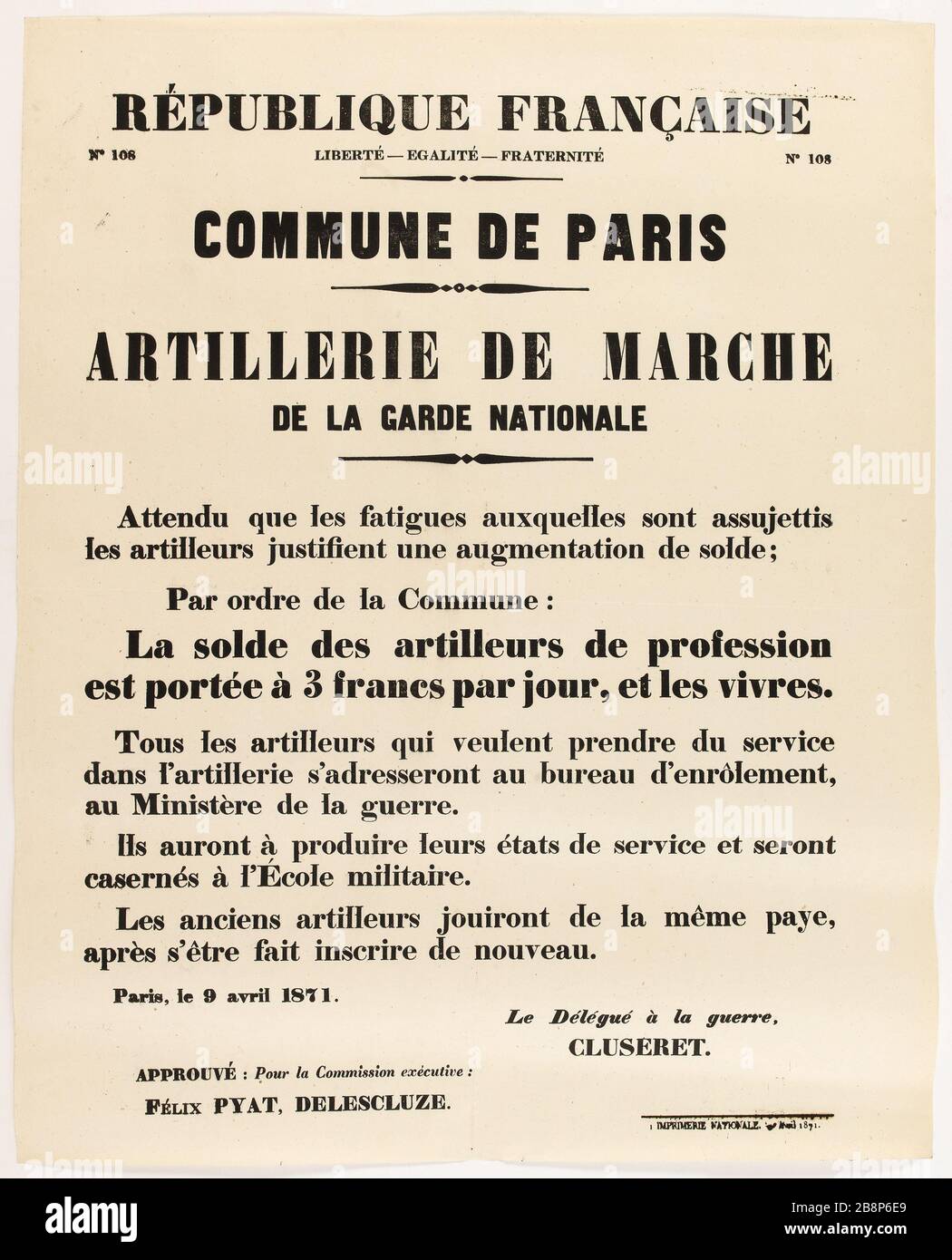 FRANZÖSISCHE REPUBLIK, Nr. 108 FREIHEIT - GLEICHHEIT - BRUDERSCHAFT Nr. 108, GEMEINDE PARIS, ARTILLERIE AUF DER NATIONALGARDE "République française, Nr. 108 Liberté - Egalité - Fraternité Nr. 108, Commune de Paris, artillerie de marche de la Garde nationale". Imprimerie Nationale. Typographie. 1871. Paris, musée Carnavalet. Stockfoto