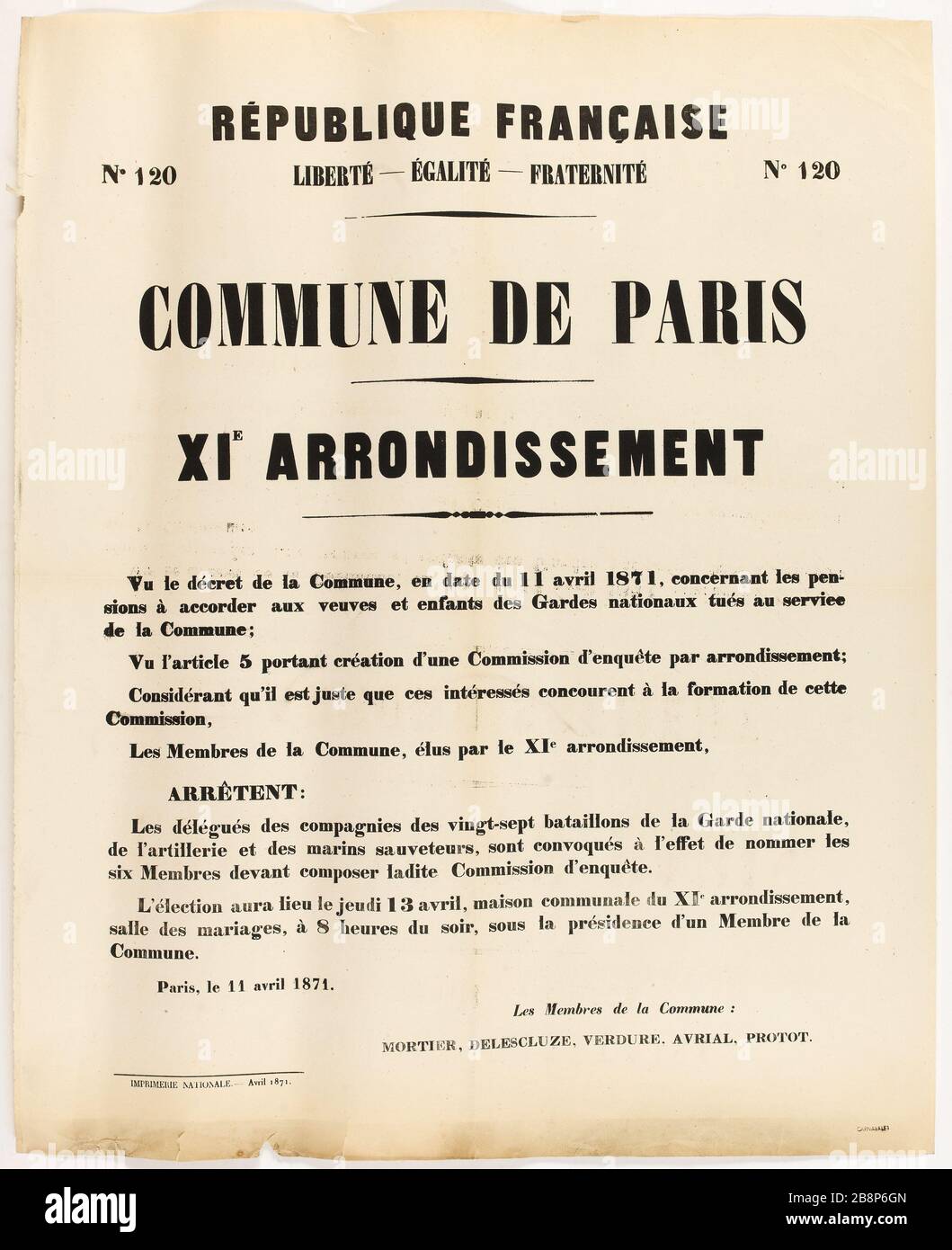 FRANZÖSISCHE REPUBLIK, # 120 FREIHEIT - EQUAL - FRATERNITE # 120, GEMEINSAME PARIS XI E RUNDUNG "République française, Nr. 120 Liberté - Egalité - Fraternité Nr. 120, Commune de Paris, Xie arronoire". Imprimerie Nationale. Typographie. 1871. Paris, musée Carnavalet. Stockfoto