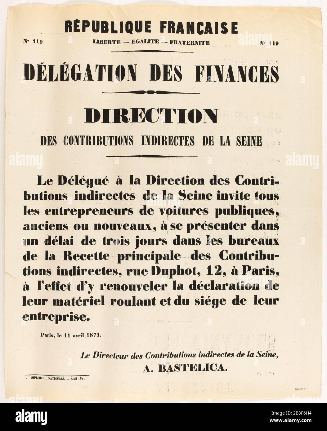 FRANZÖSISCHE REPUBLIK, Nr. 119 FREIHEIT - GLEICHHEIT - BRUDERSCHAFT Nr. 119 DELEGATION DES FINANZDEPARTEMENTS DER VERBRAUCHSTEUER SEINE "République française, Nr. 119 Liberté - Egalité - Fraternité Nr. 119, délégation des Finances, directes des contributions indirectes de la seine". Imprimerie Nationale. Typographie. 1871. Paris, musée Carnavalet. Stockfoto