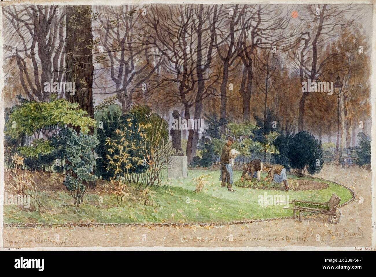 PLATZ DES STADTRATS DES STADTARRONATS DES BEZIRKS XIV. DIES IST EIN MINISTER Clemenceau Félix Brard. 'Square de la mairie du XIVème arrondonnement. C'est un ministre Clémenceau!, 15 et 16 novembre 1917'. Dessin. Paris, musée Carnavalet. Stockfoto