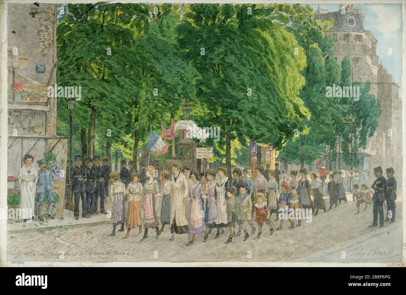 ANGLE GASSENDI STREET AND AVENUE DU MAINE - SOME STRIKE 'Angle de la rue Gassendi et de l'Avenue du Maine - UN peu de grève (femmes manifest pour une augmentation salariale), 30 Mai 1917'. Dessin de Félix Brard. Paris, musée Carnavalet. Stockfoto