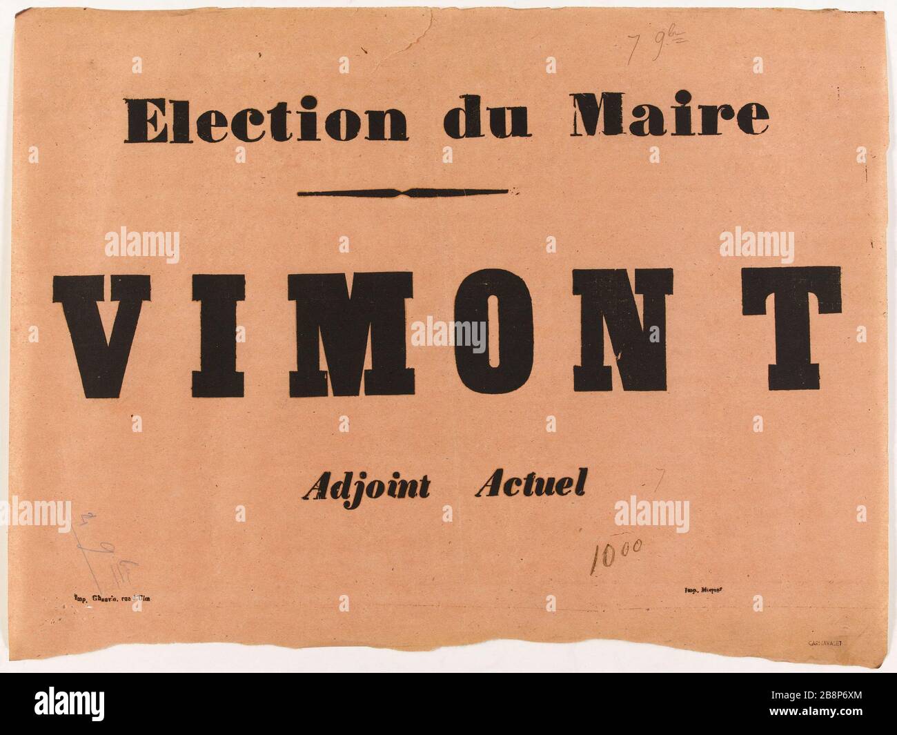 Wahl des Bürgermeisters, VIMONT-Stellvertreterin "Election du maire, Vimont adjoint actuel". Imprimerie Chauvin. Typographie, 1870. Paris, musée Carnavalet. Stockfoto