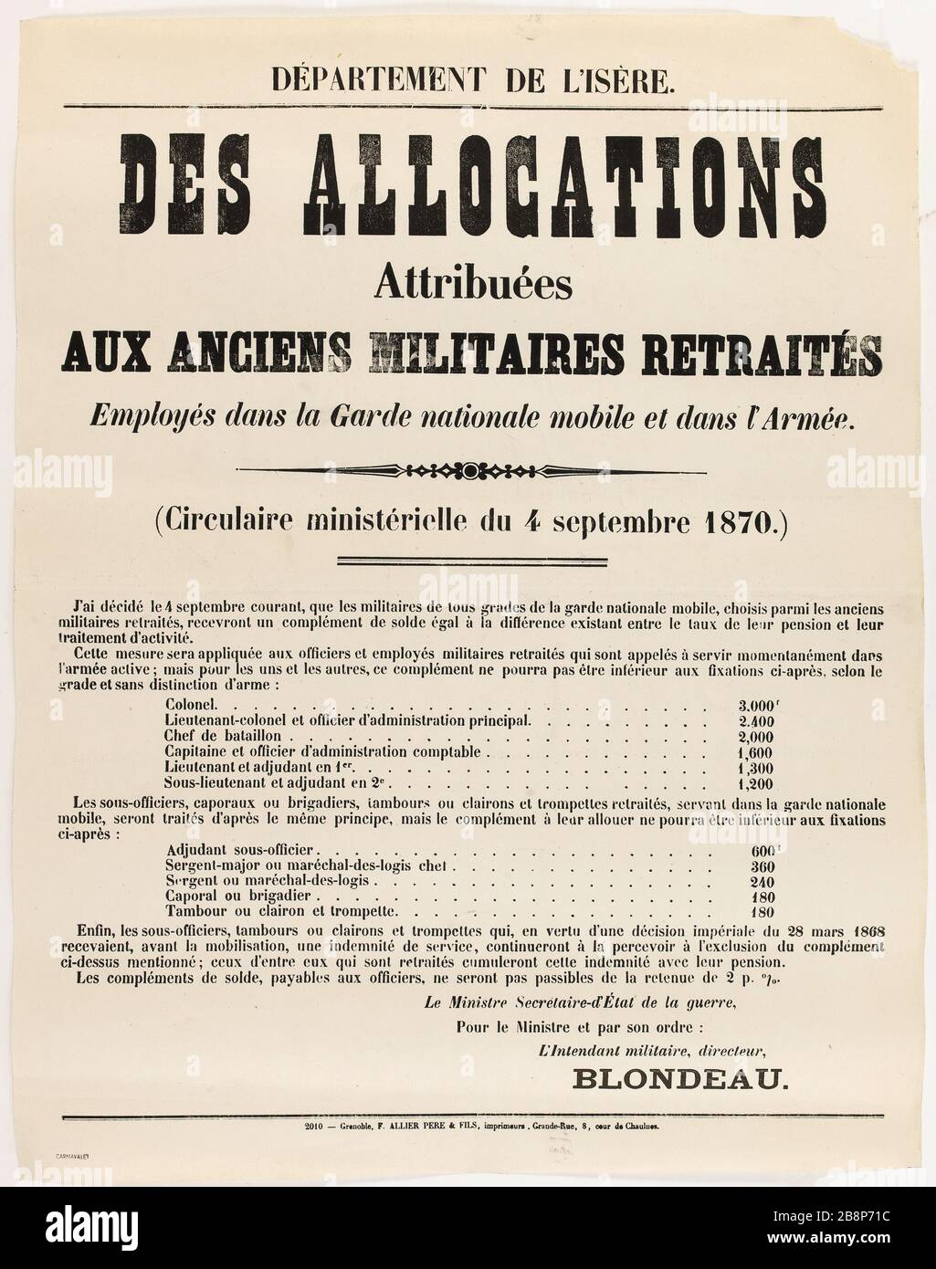 ABTEILUNG DER ISERE. ZULAGEN FÜR DEN EHEMALIGEN MILITÄRISCHEN RUHESTAND, Angestellte in der mobilen Nationalgarde und der Armee. 'Département de l'Isère. Des allocations attribuées aux anciens militaires retraites, employés dans la Garde nationale mobile et dans l'armée'. F. Allier et fils, imprimeurs de la Préfecture. Typographie, 1870. Paris, musée Carnavalet. Stockfoto