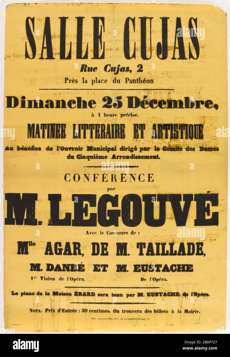 SALLE Cujas, Rue Cujas, 2, in der Nähe des Place du Panthéon, Sonntag, 25. Dezember, 1 heire Finden. MATINEE LITTERAIRE ET ARTISTIQUE "alle cujas, rue cujas, 2, près la Place du panthéon, dimanche 25 décembre, à 1 heure précise. Matinee litteraire et artistique'. Imprimerie Moquet et cie. Typographie, 1870. Paris, musée Carnavalet. Stockfoto