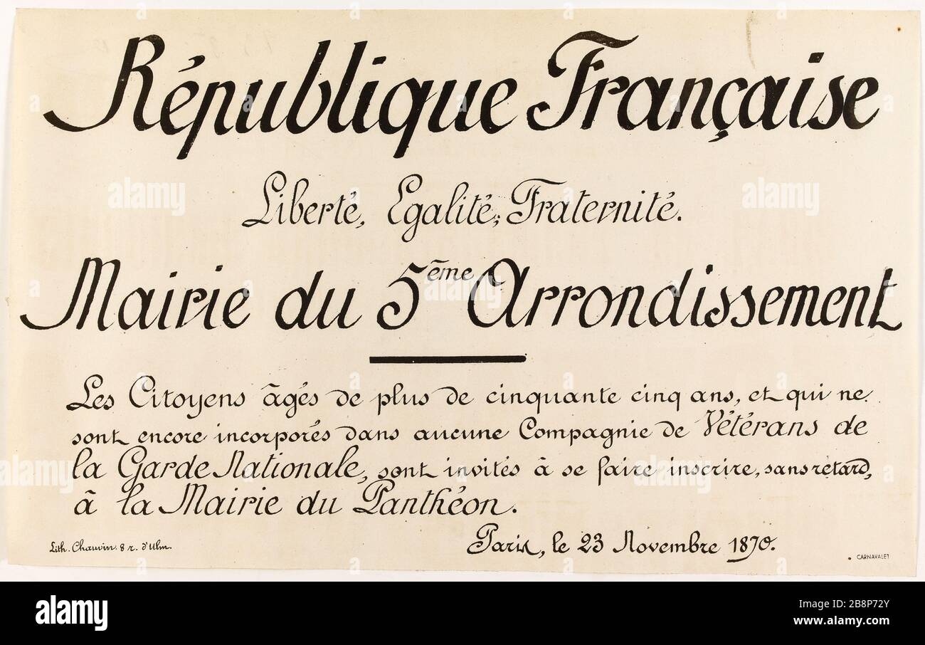 Französische Republik, Freiheit, Gleichheit, Bruderschaft. Bürgermeister des 5. Bezirks, ältere Bürger über fünfundfünfzig Jahre "République française, Liberté, Egalité, Fraternité. Mairie du 5ème, les citoyens âgés de plus de cinquante cinq ans'. Chauvin (lithographe). Typographie, 1870. Paris, musée Carnavalet. Stockfoto