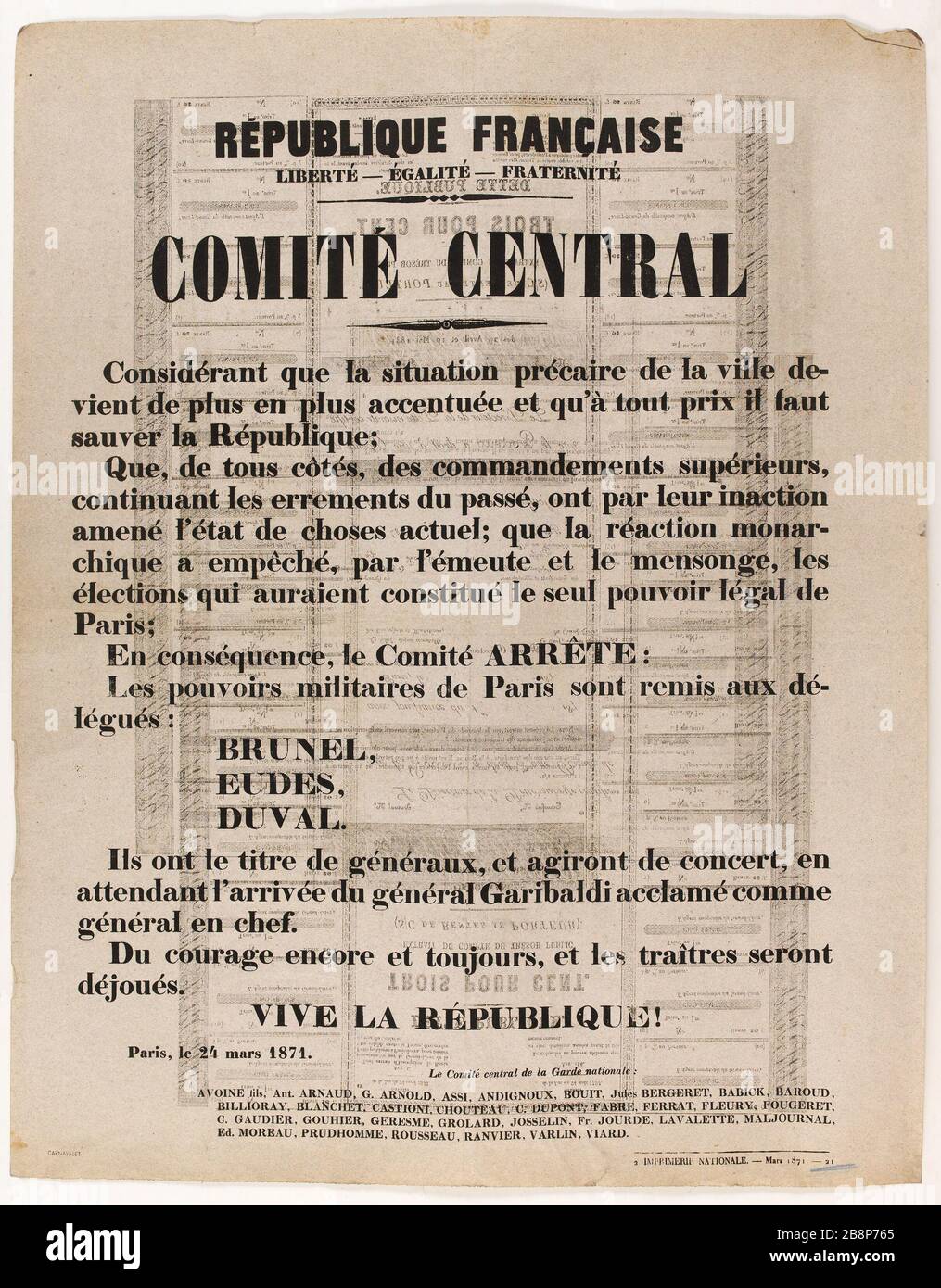 FRANZÖSISCHE REPUBLIK, FREIHEIT - GLEICHHEIT - BRUDERSCHAFT, ZENTRALAUSSCHUSS, angesichts der prekären Lage der Stadt "République française, Liberté - Egalité - Fraternité. Comité Central, considérant que la Situation précaire de la ville". Imprimerie Nationale. Typographie. 1871. Paris, musée Carnavalet. Stockfoto