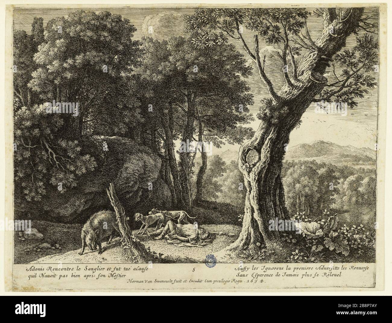 La mort d'Adonis (Bartsch 105) Herman van Swanevelt (1600-1655). 'La mort d'Adonis (Bartsch 105)'. Eau-forte, XVIIème siècle. Musée des Beaux-Arts de la Ville de Paris, Petit Palais. Stockfoto