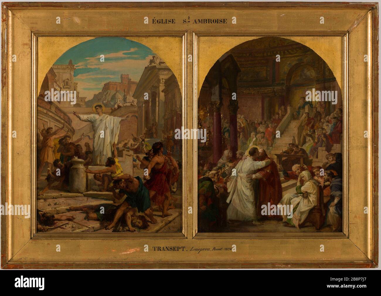 Skizze für die St.-Ambrosius-Kirche: St. Augustinus, indem er einen barbarischen Brauch stoppte, den Väter, Brüder und Sohn sie zur Kriegspraxis bekämpften. Jules Eugène Lenepveu (1819-1898). "Esquisse pour l'église Saint-Ambroise: Saint Augustin faisant cesser un use barbare selon lequel les pères, les frères et les fils se battaient entre eux pour s'exercer à la guerre". Huile sur toile. 1872-1875. Musée des Beaux-Arts de la Ville de Paris, Petit Palais. Stockfoto