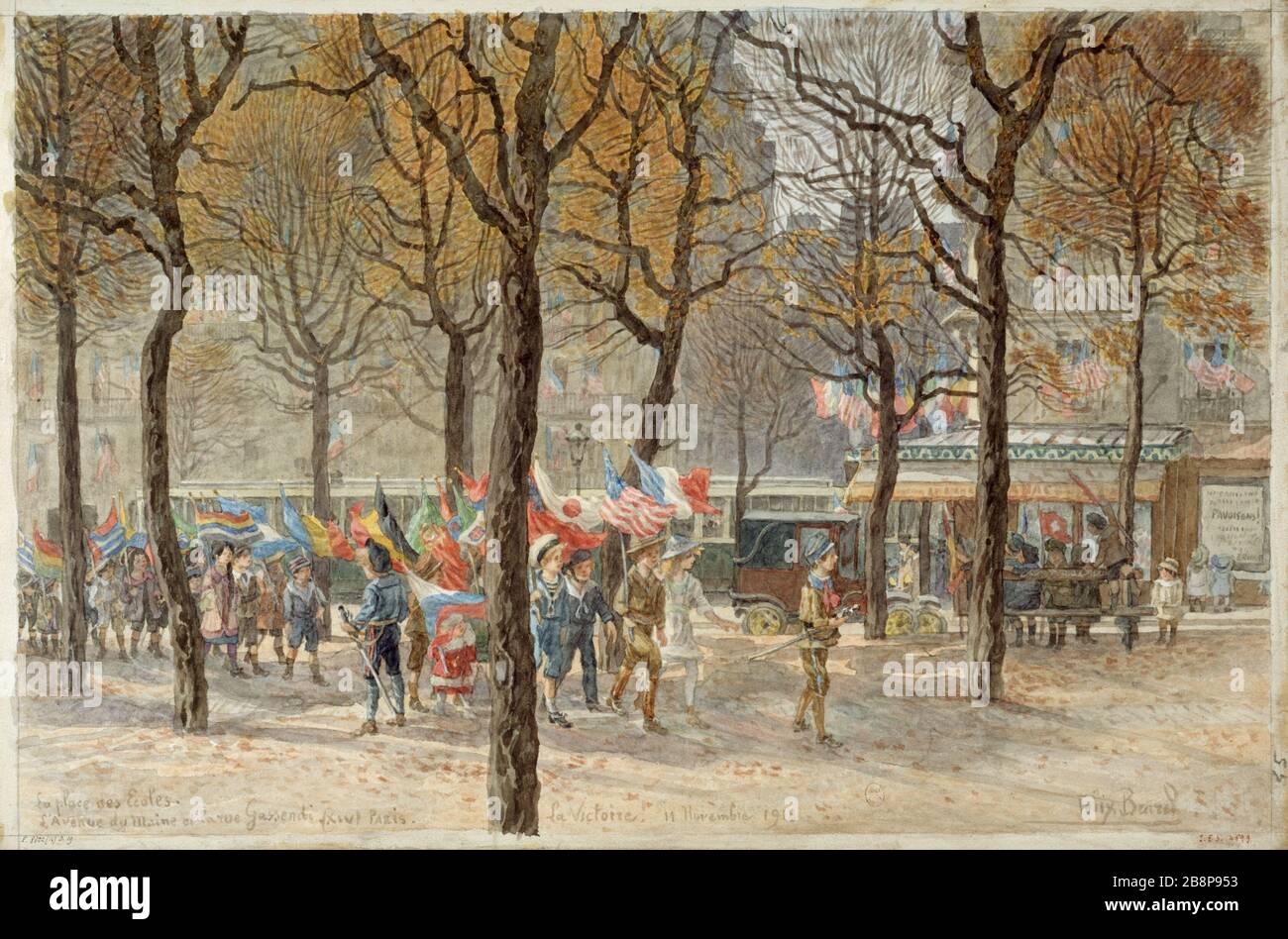 PLACE SCHOOL AVENUE DU MAINE STRASSE GASSENDI 'Place de l'Ecole, Avenue du Maine et rue Gassendi. La victoire le 11 novembre 1918'. Dessin de Félix Brard. Paris, musée Carnavalet. Stockfoto