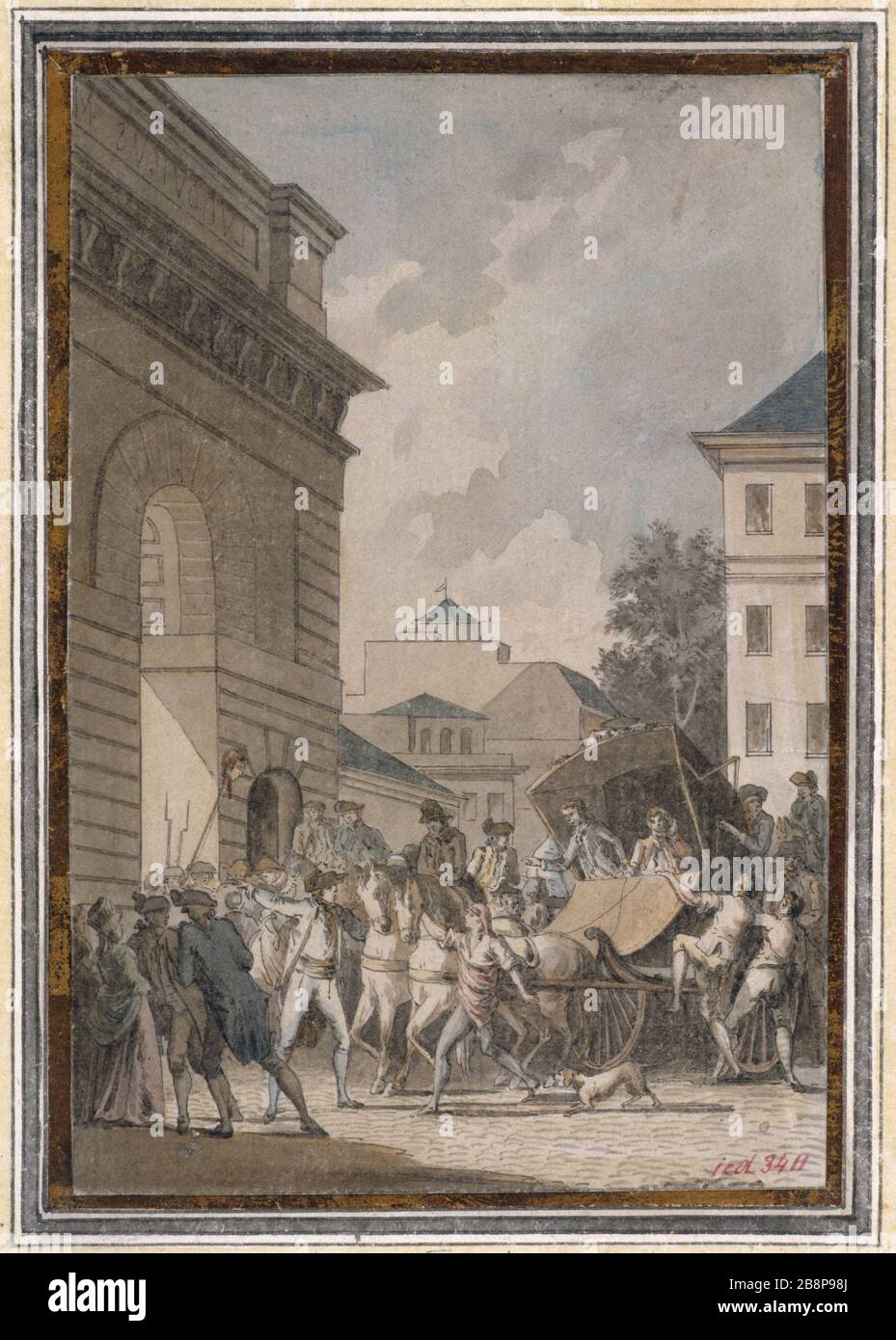 Der INTENDANT BERTHIER GREIFT DIE MENGE Jean-François Janinet (1752-1814) an. "L'Intendant Berthier attaqué par la foule". Paris, musée Carnavalet. Stockfoto