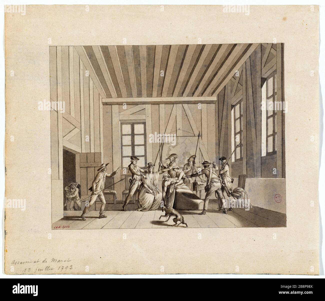 J. P Ermordung von Marat, 13. Juli 1793 Jules-Adolphe Chauvet (né en 188) d'après Swebach-Desfontaines. "Assassinat de J.P Marat, 13 Juillet, 173". Lavis. Paris, musée Carnavalet. Stockfoto