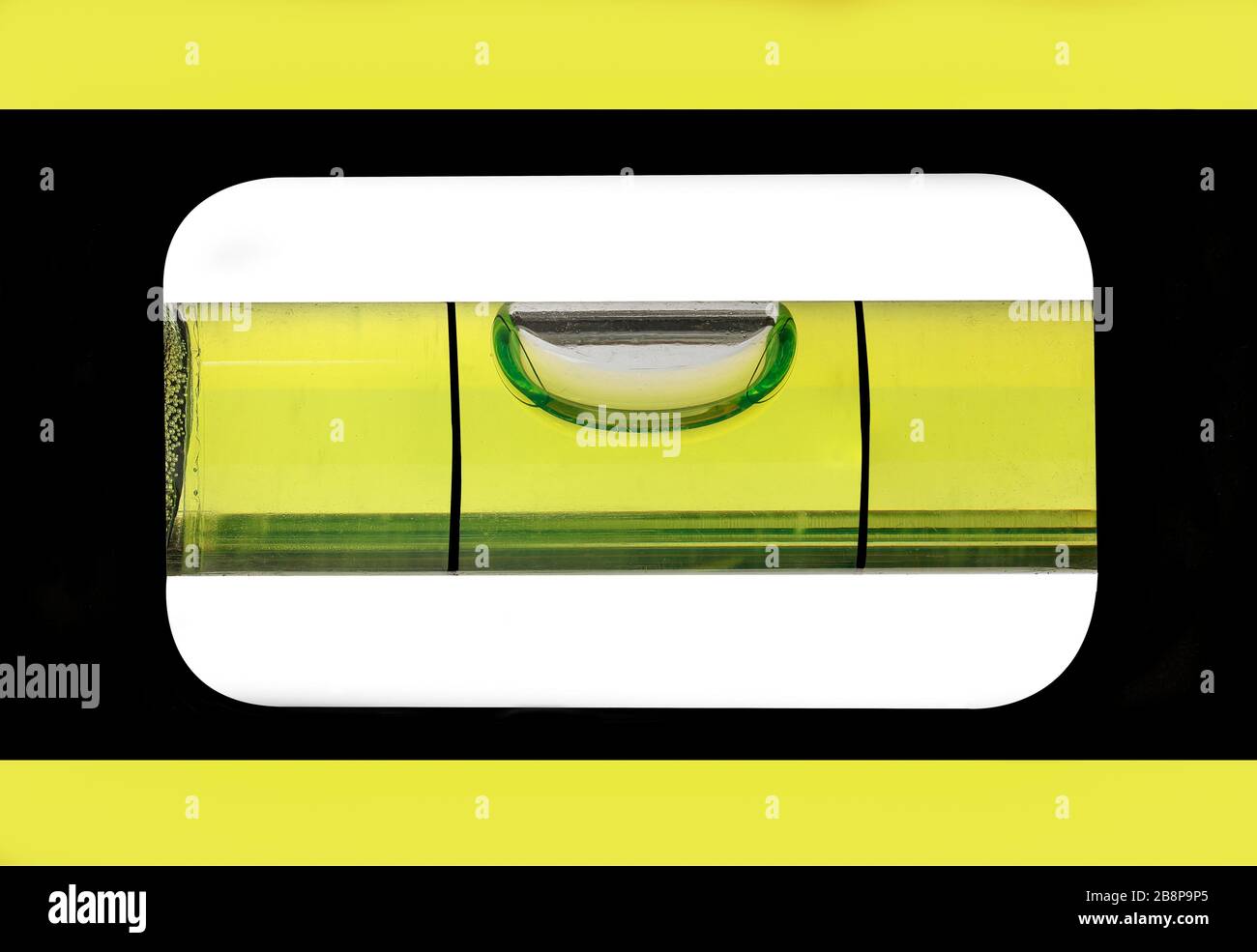 Horizontale Ansicht im Vordergrund der Blase einer Wasserwaage Stockfoto