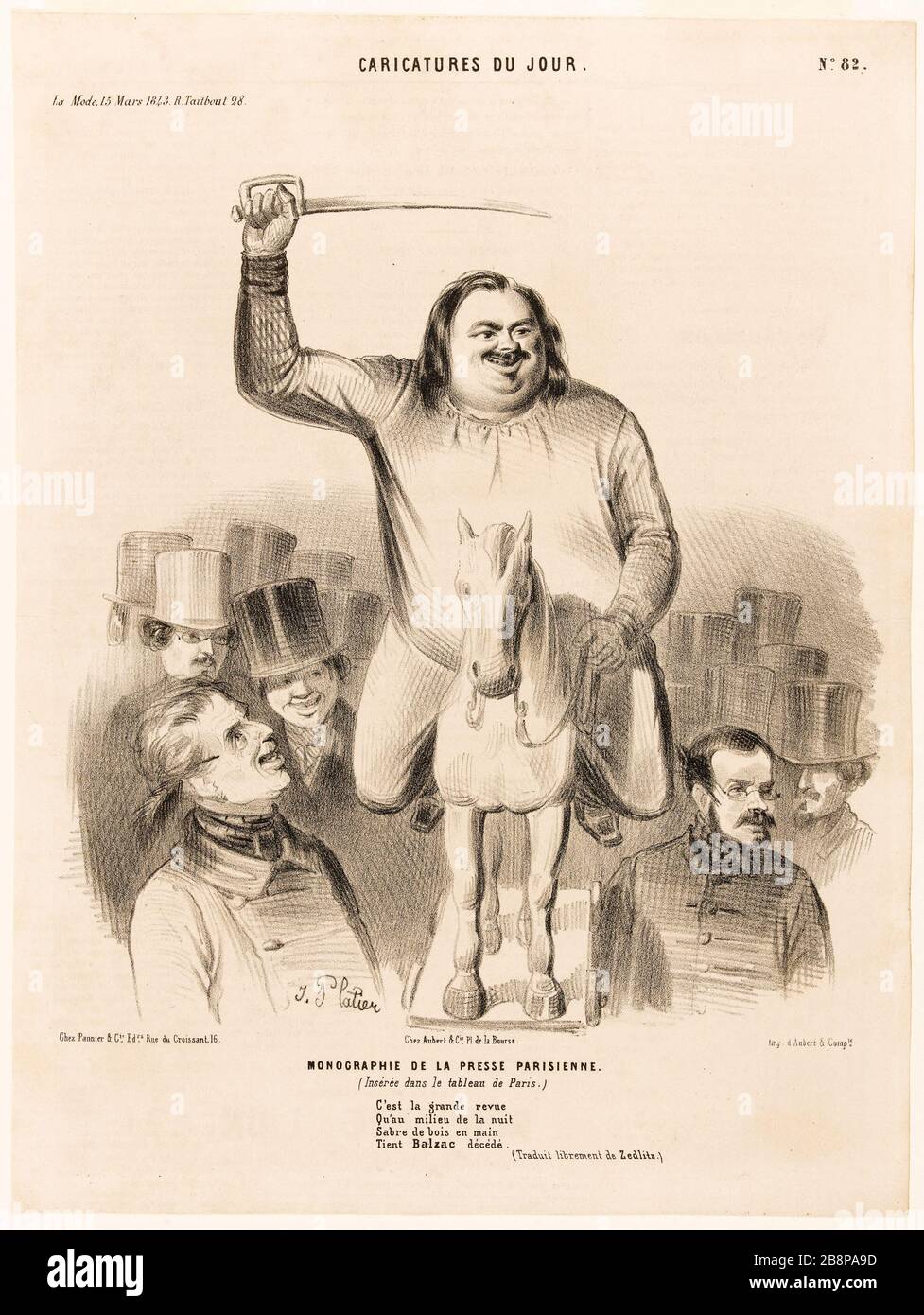 Monographie der Pariser Presse. (In die Tabelle Paris eingefügt.) Dies ist die großartige Kritik / die mitten in der Nacht / Holzbäler Hand / laufen Balzac starb. (Frei übersetzt Zedlitz.) [Balzac Load Portrait] Platier, Jules. Pannier & Cie. 'Monographie de la presse parisienne. (Insérée dans le tableau de Paris.) C'est la grande Revue / Qu'au Milieu de la nuit / Sabre de bois en main / tient Balzac décédé. (Traduit librement de Zedlitz.), [Portrait Charge de Balzac]'. Balzac, Honoré de (99-1850). Tiefdruck. Im Jahr 1843. Paris, Maison de Balzac. Stockfoto