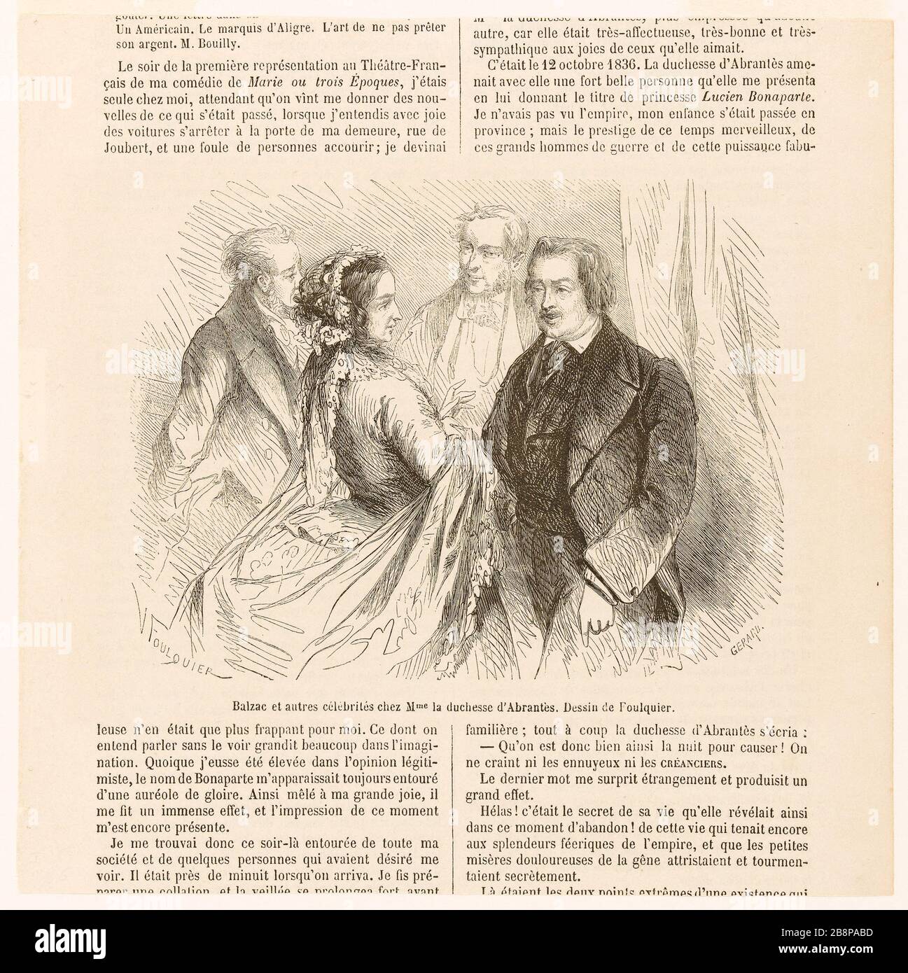 Balzac und andere Berühmtheiten bei der Herzogin von Abrantes. Drawing Foulquier Foulquier, Jean-Antoine-Valentin (1822-1896). Gérard, Louis-Augusten (1782-1862). "Balzac et autres célébrités chez Mme la duchesse d'Abrantès. Dessin de Foulquier'. Balzac, Honoré de (99-1850). Tiefdruck. 19 ème siècle. Paris, Maison de Balzac. Stockfoto