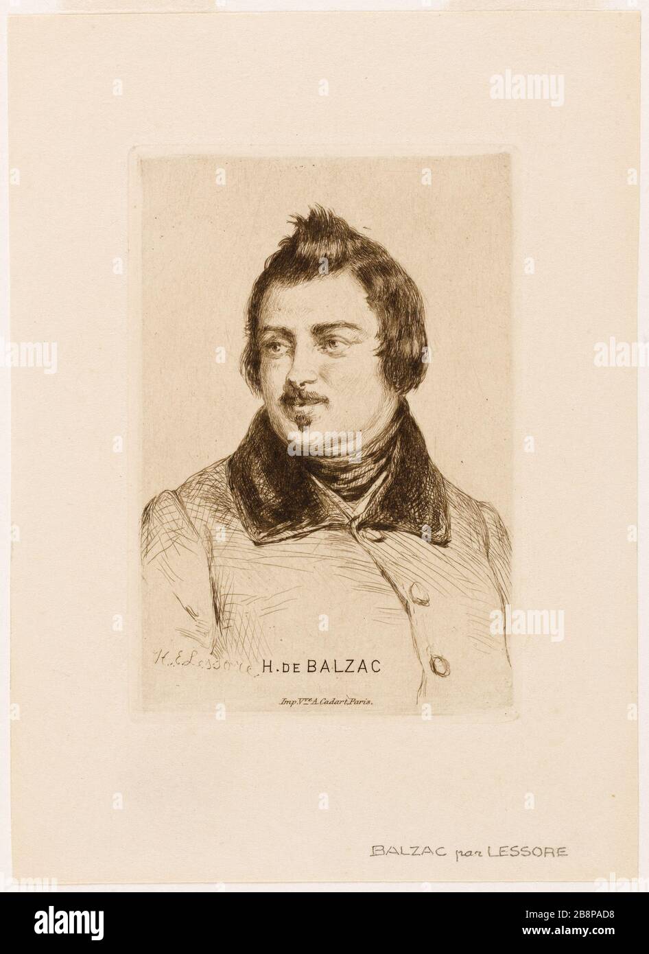 Balzac-Porträt Lessore, Henri-Emile (1830-1895). "Portrait de Balzac". Balzac, Honoré de (99-1850). Tiefdruck. 19 ème siècle. Paris, Maison de Balzac. Stockfoto