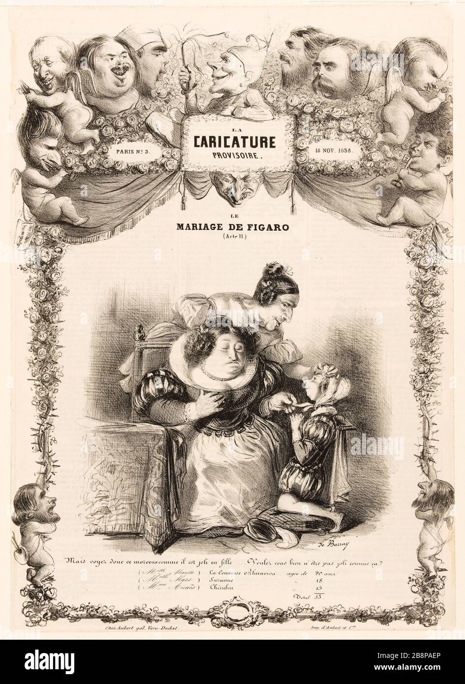 Die provisorische Karikatur Nr. 3 vom 18. November des Jahres 1838. Die Ehe von Figaro (Gesetz II), [Porträts der Schriftsteller Balzac laden] de Barray. "La Caricature provisoire, Nr. 3, 18 novembre im Jahre 186. Le mariage de Figaro (Acte II), [Portraits Charge d'écrivains dont Balzac]'. Balzac, Honoré de (99-1850). Hugo, Victor (1802-1885). Dumas, Alexandre (1802-1870). Delacroix, Eugène (1798-1863). Janin, Jules (1804-1874). Kock, Paul de (1793-1871. Lithographie. Im Jahre 182. Paris, Maison de Balzac. Stockfoto
