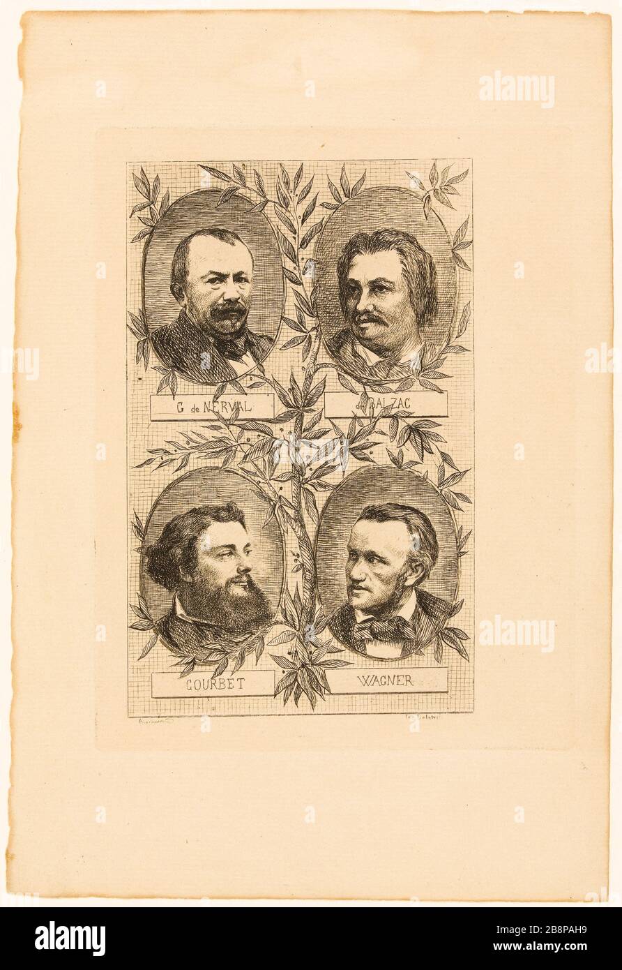 G. de Nerval. Balzac. Courbet. Wagner Bracquemond, Félix (1833-1914). "G. de Nerval. Balzac. Courbet. Wagner". Balzac, Honoré de (99-1850). Wagner, Richard (13-1883). De Nerval, Gérard (1808-1855). Courbet, Gustave (1819-1877). eau-forte. 19 ème siècle. Paris, Maison de Balzac. Stockfoto