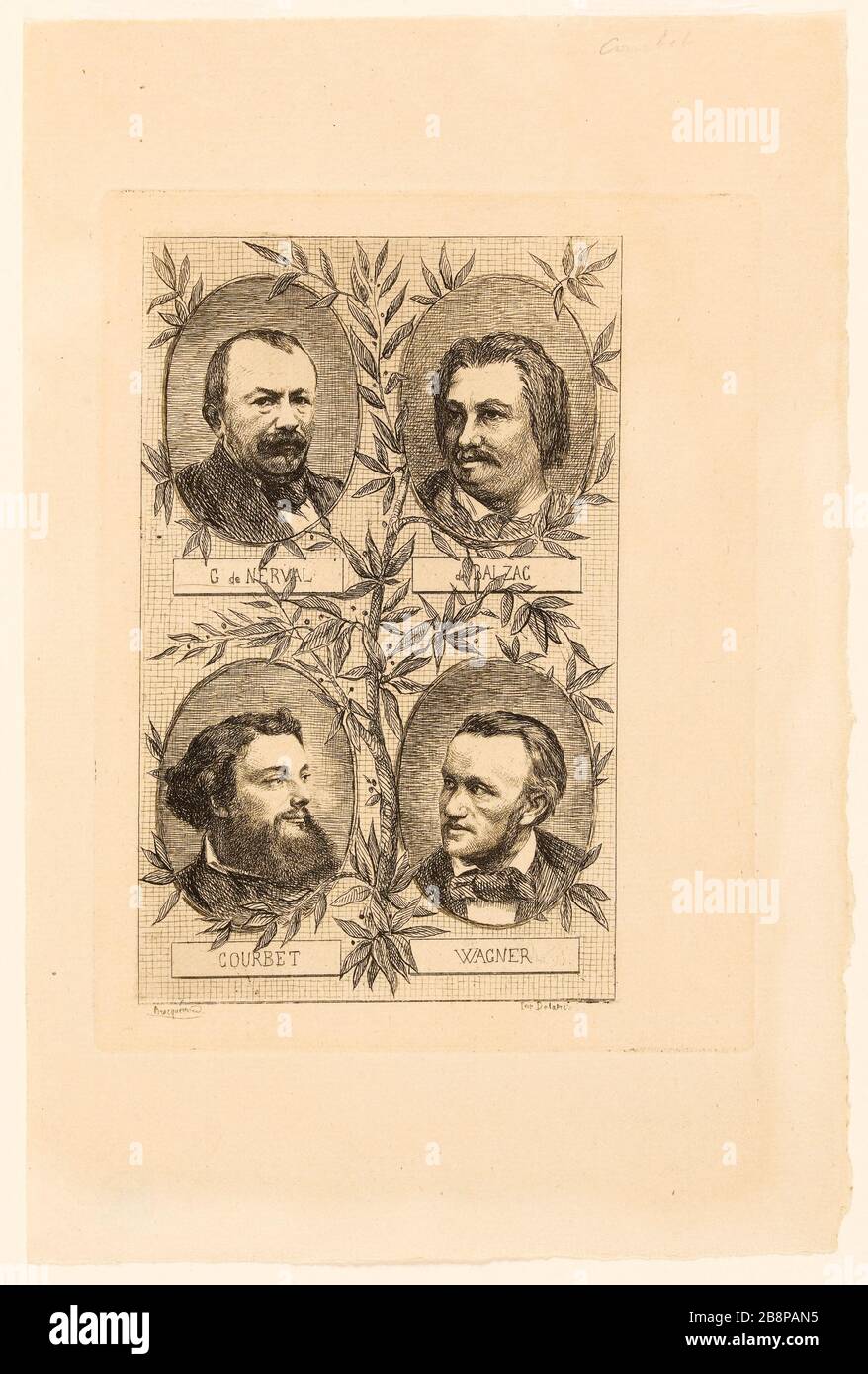 G. de Nerval. Balzac. Courbet. Wagner (große Zahlen von gestern und heute, Hrsg. Chicken-Massis, 1861) Bracquemond, Félix (1833-1914). "G. de Nerval. Balzac. Courbet. Wagner (Grandes Figures d'hier et d'aujourd'hui, éd. Poulet-Massis, 1861)". Balzac, Honoré de (99-1850). Labrunie, Gérard (dit Gérard de Nerval) (1808-1855). Courbet, Gustave (1819-1877). Wagner, Richard (13-1883). eau-forte. Paris, Maison de Balzac. Stockfoto