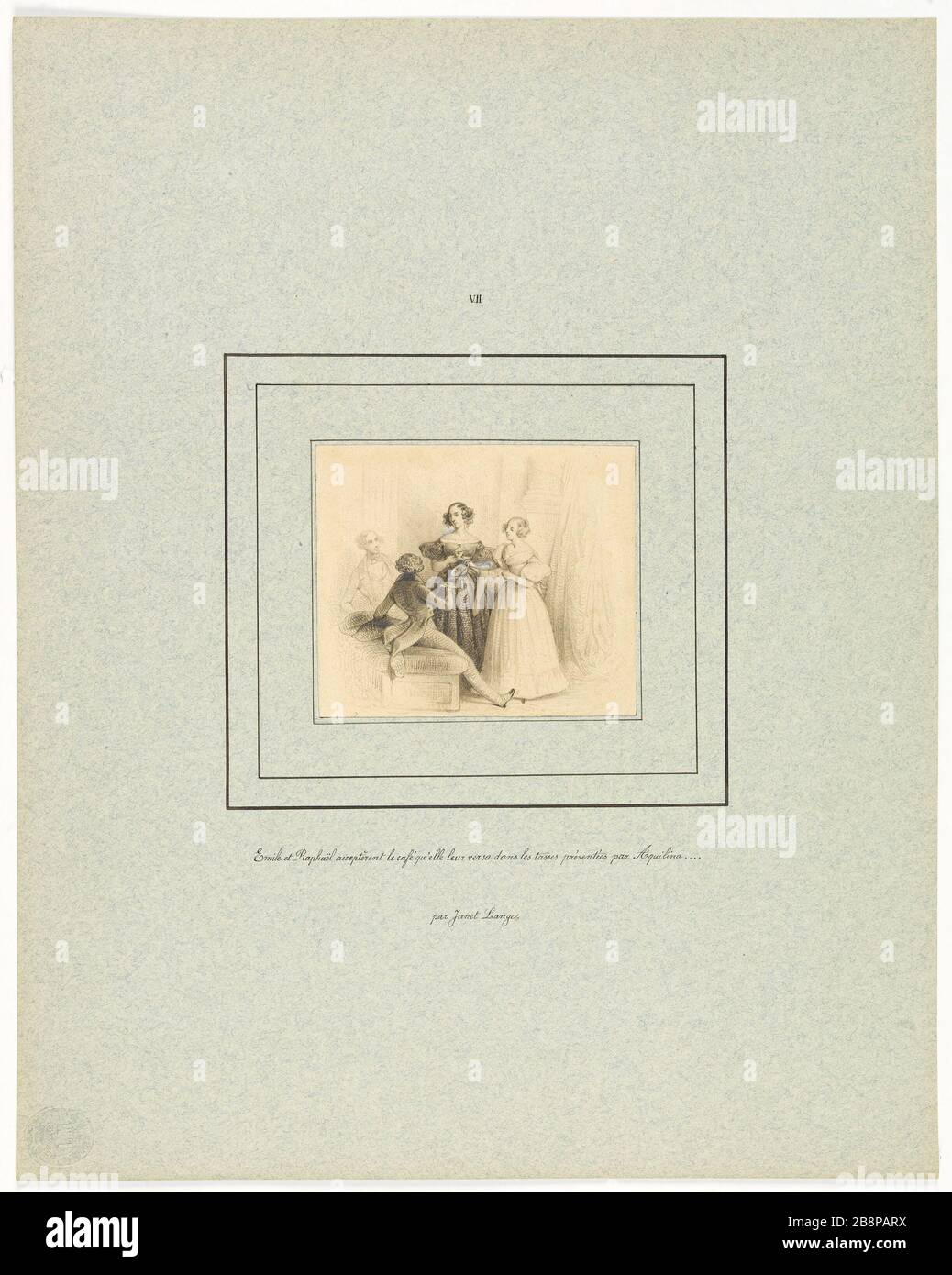Emile und Raphael nahmen den Kaffee an ... (Plate VII) Henri-Charles Baron (1816-1885). La Peau de chagrin pour l'édition Delloye et Lecou (1838). "Emile et Raphaël acceptèrent le Café…" (planche VII). Illustration de 'La Comédie humaine' d'Honoré de Balzac (1799-1850). Dessin à la Mine de plomb et Réhuts de blanc de plomb. Im Jahre 182. Paris, Maison de Balzac. Stockfoto