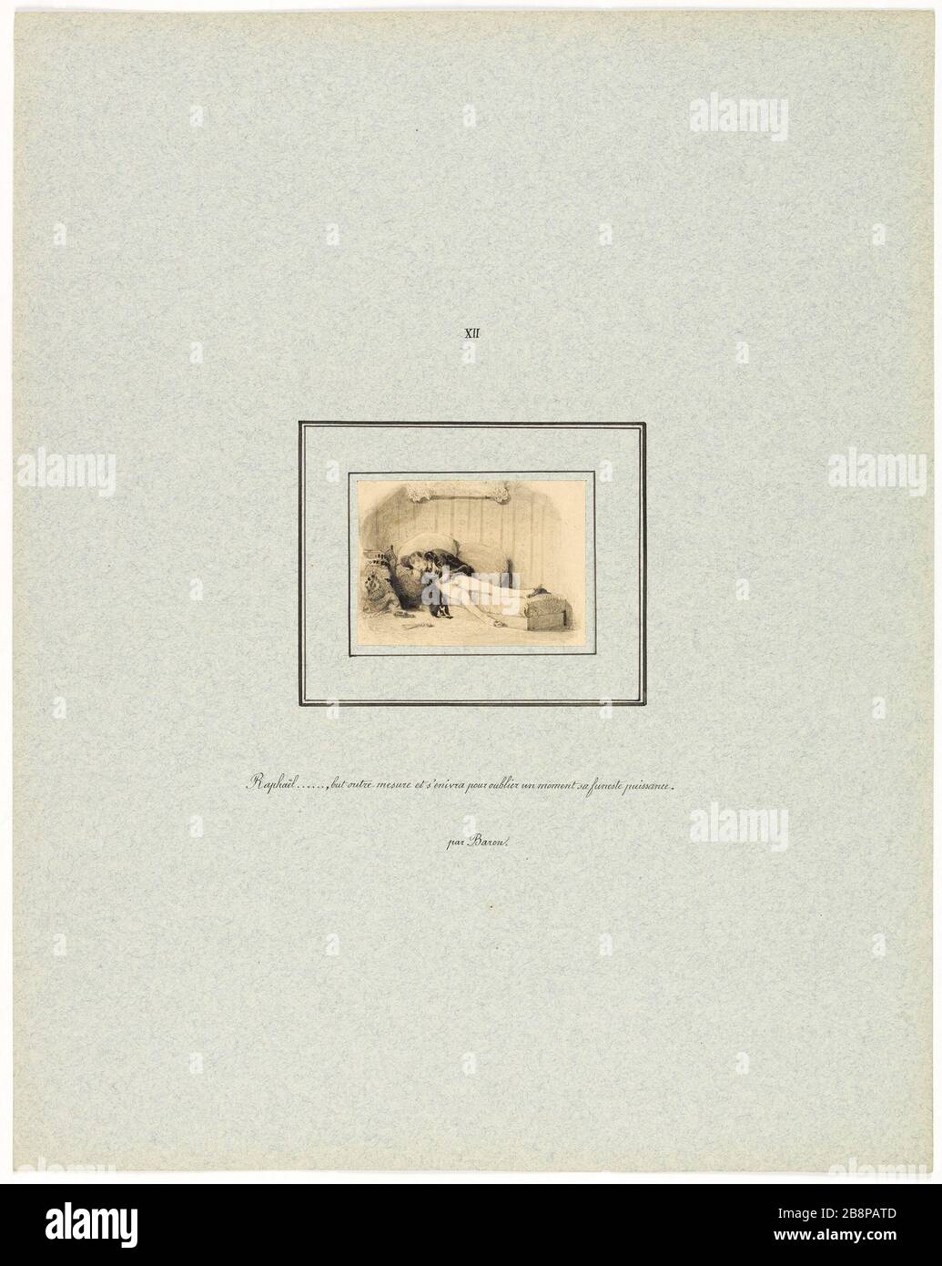 Raphael ... Zweck jenseits von Maß und betrunken ... Henri-Charles Baron (1816-1885). La Peau de chagrin pour l'édition Delloye et Lecou (1838). "Raphaël…, aber outre mesure et s'enivra…". Illustration de 'La Comédie humaine' d'Honoré de Balzac (1799-1850). Dessin à la Mine de plomb et Réhuts à la peinture noire. Im Jahre 182. Paris, Maison de Balzac. Stockfoto