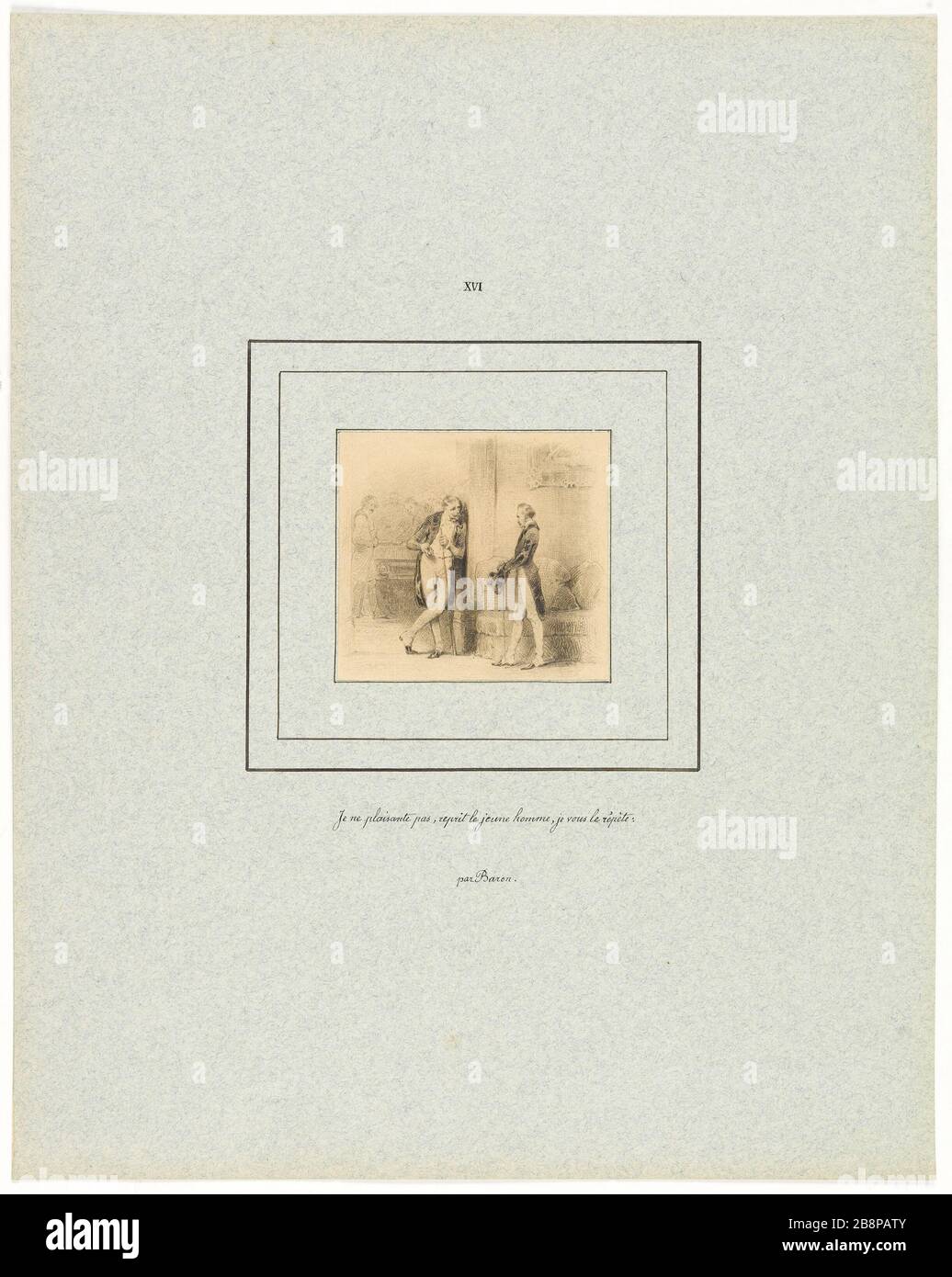 Ich scherze nicht, antwortete der junge Mann (Teller XVI) Henri-Charles Baron (1816-1885). La Peau de chagrin pour l'édition Delloye et Lecou (1838). "Je ne plaisante pas, reprit le jeune homme" (planche XVI). Illustration de l'oeuvre d'Honoré de Balzac (99-1850). Dessin à la Mine de plomb. Im Jahre 182. Paris, Maison de Balzac. Stockfoto
