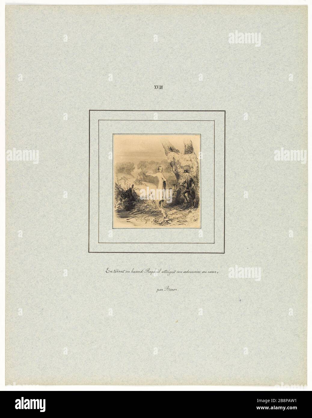 Zufällig erreichte Raphael (Platte XVIII) Henri-Charles Baron (1816-1885). La Peau de chagrin pour l'édition Delloye et Lecou (1838). "En tirant au hasard Raphaël atteinit" (Planche XVIII). Illustration de 'La Comédie humaine' d'Honoré de Balzac (1799-1850). Dessin à la Mine de plomb et Réhuts à la peinture noire. Im Jahre 182. Paris, Maison de Balzac. Stockfoto