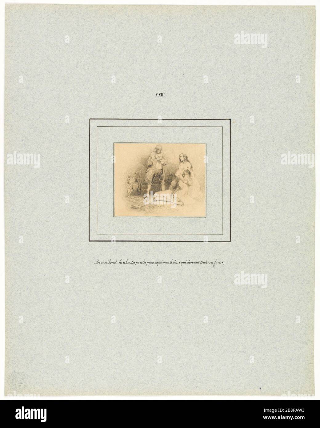 Der sterbende Mann sah Worte, um auszudrücken ... (Platte XXIII) La Peau de chagrin pour l'édition Delloye et Lecou (1838). Le moribond chercha des paroles pour exprimer…(planche XXIII). Illustration de l'oeuvre d'Honoré de Balzac (99-1850). Dessin à la Mine de plomb. Im Jahre 182. Paris, Maison de Balzac. Stockfoto