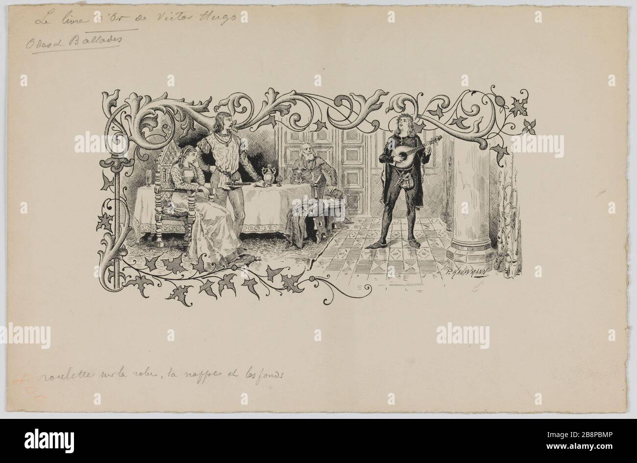 Titelvignette für Kapitel "Odes et ballades". Illustration zum "Goldenen Buch von Victor Hugo Paul Adolphe Kauffmann" (peka, 1849-1940). "Vignette de titer pour le chapiter 'Odes et ballades". Illustration pour le 'Livre d'Or de Victor Hugo'". Encre sur Papier. 1882. Paris, Maison de Victor Hugo. Stockfoto