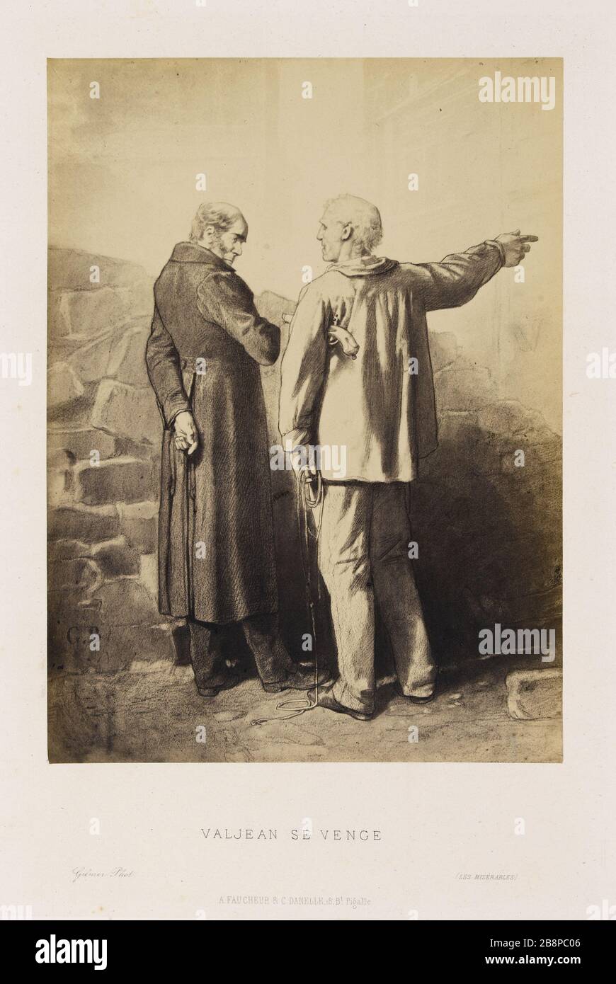 VALJEAN JAVERT UND DIE BARRIKADE, ILLUSTRATION FÜR "LES MISERABLES GUSTAVE BRION. Jean Valjean et Javert à la Barricade, Illustration pour 'Les Misérables'. Photographie Briquet/ Guettard, d'après un dessin de Brion, im Jahre 1862. Paris, Maison de Victor Hugo. Stockfoto