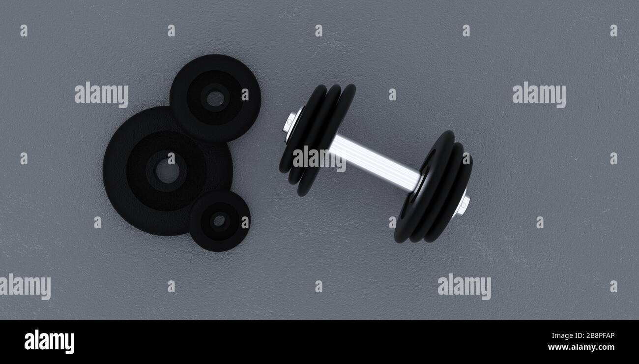 Schwarze Metall-Hanteln und Gewichte auf weißem Hintergrund 3D-Darstellung rendern Stockfoto