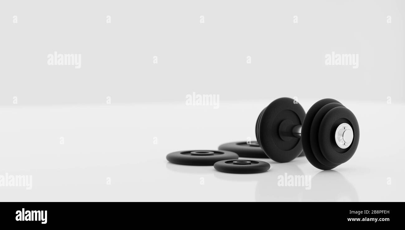 Schwarze Metall-Hanteln und Gewichte auf weißem Hintergrund 3D-Darstellung rendern Stockfoto