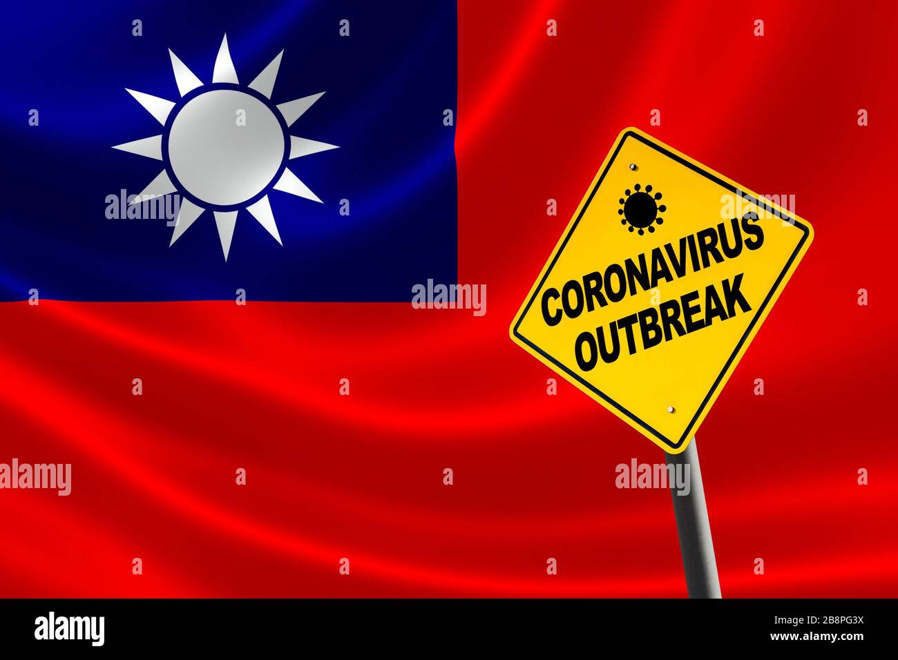 COVID-19 Roman Coronavirus Outbreak-Warnschild mit Taiwanese Flagge der Republik China im Hintergrund. Stockfoto