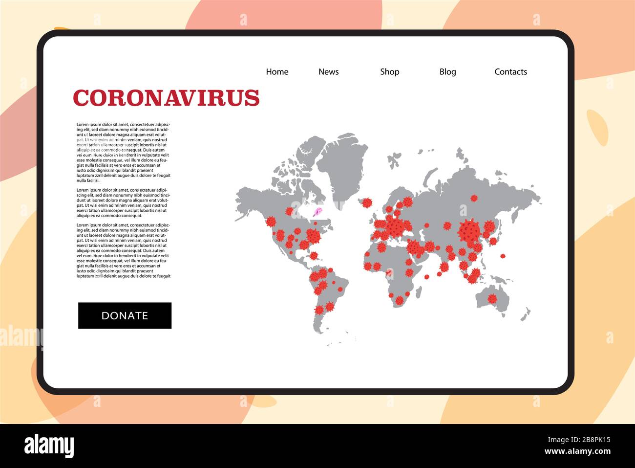 Map Achtung Coronavirus Travel Alert Konzept 2019-NC0V Ausbruch. Stoppen Sie die pandemische COVID-19-Mikrobe. Das Virus greift die Atemwege an, Infektionen medizinisches Gesundheitsrisiko. Flacher, einfacher Cartoon-Stil Stock Vektor