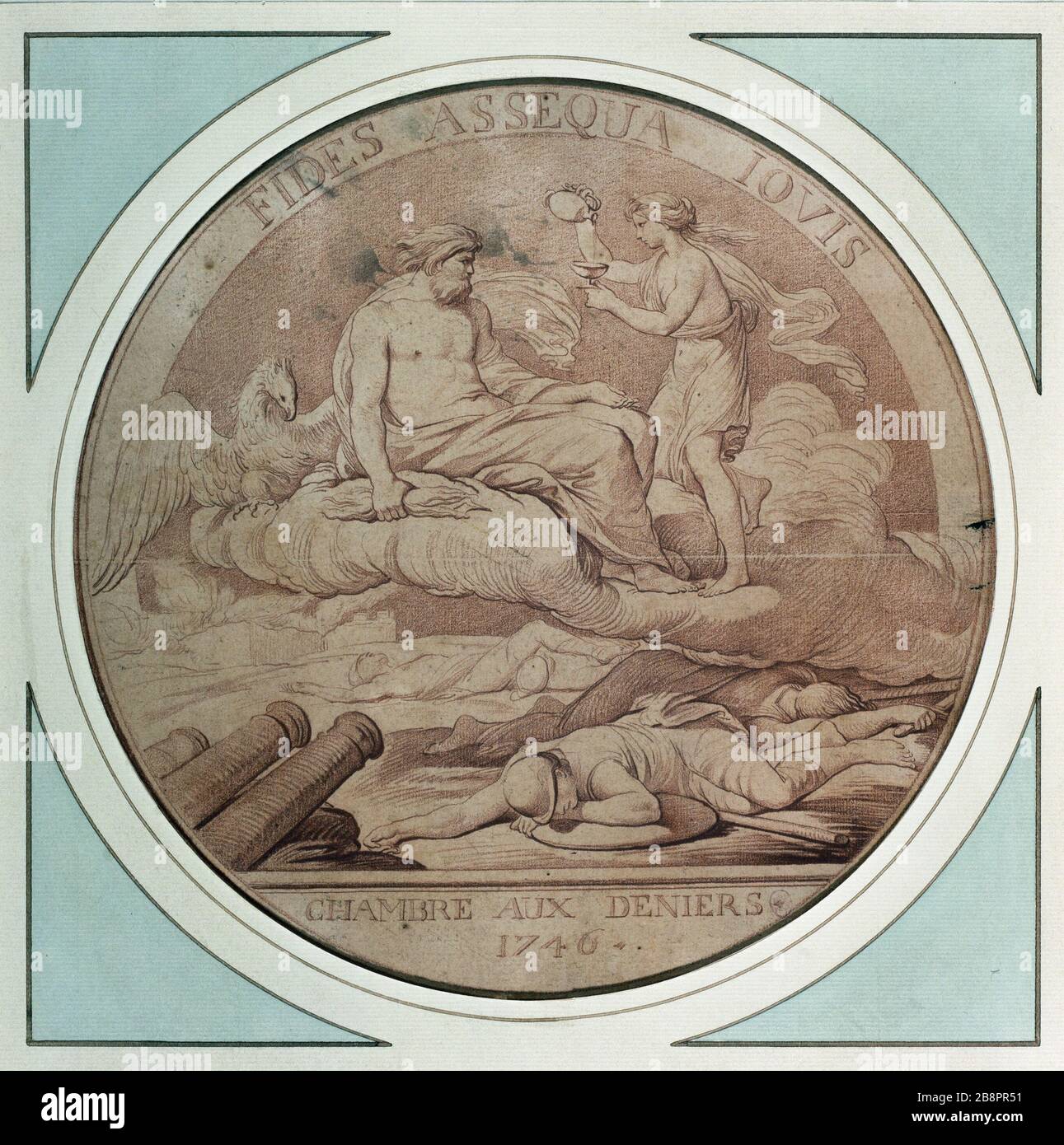 Token-Projekt für die Geschichte der Herrschaft Ludwigs XV.: "Das Haus des Geldes", 1746 Edme Bouchardon (1698-1762). Projet de jeton pour l'histoire du règne de Louis XV: 'La chambre du deniers', 1746. Sanguine sur Papier crème foncé, 1746. Paris, musée Carnavalet. Stockfoto