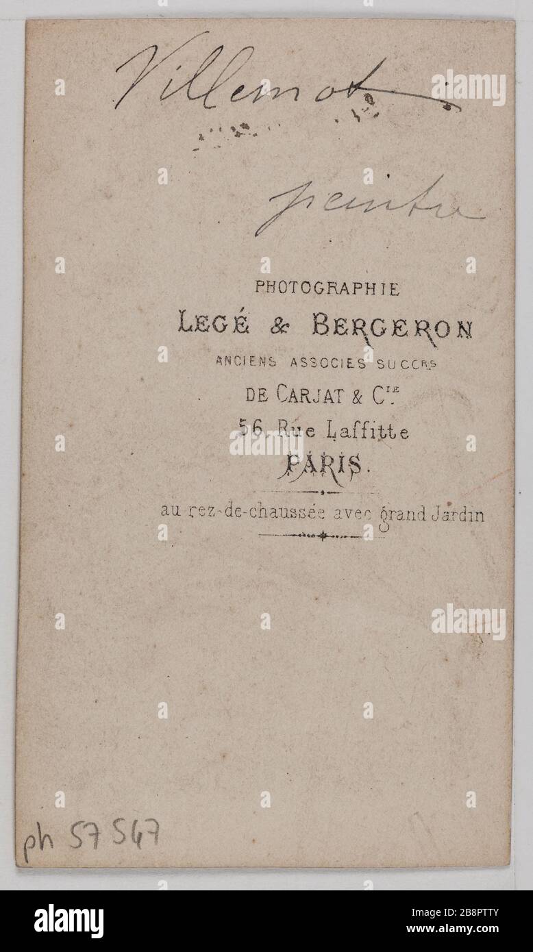 Porträt des Villemot-Malers. Portrait de Villemot, pintre. Carte de visite (verso). Photographie de Legé & Bergeron (actif de 1864 à 1880). Tirage sur Papier Albuminé, 1860-1890. Paris, musée Carnavalet. Stockfoto