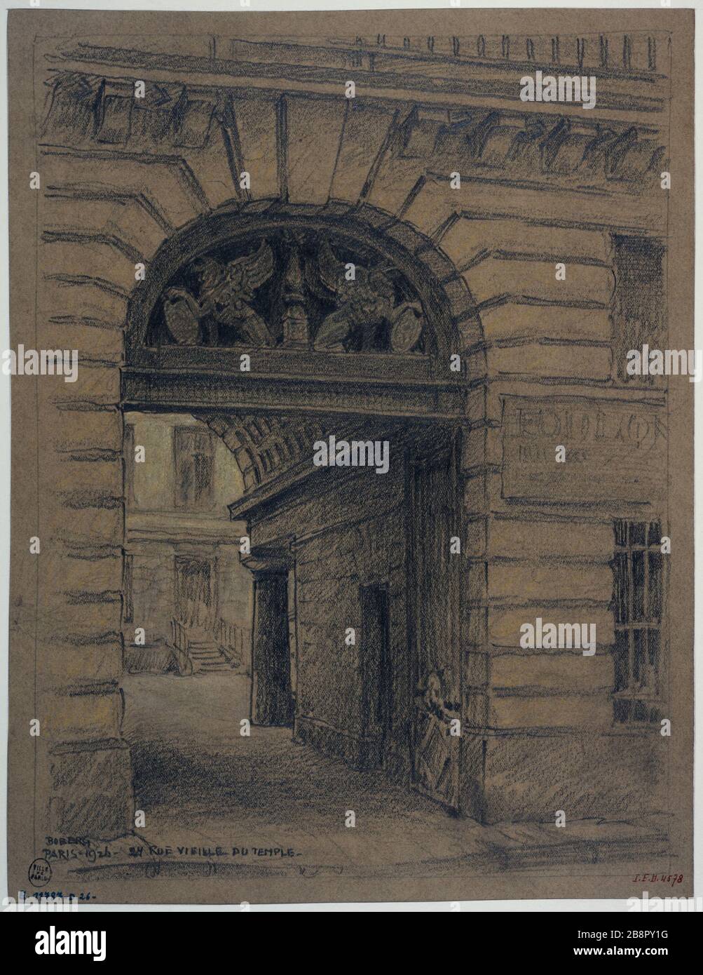 Das Haus Nr. 24 der Vieille du Temple Street Gustave Ferdinand Boberg (1860-1946), architecte suédois. La maison Nr. 24 de la rue Vieille-du-Temple. Crayon rehaut de craie blanche. Paris (IVème arr.), 1926. Paris, musée Carnavalet. Stockfoto