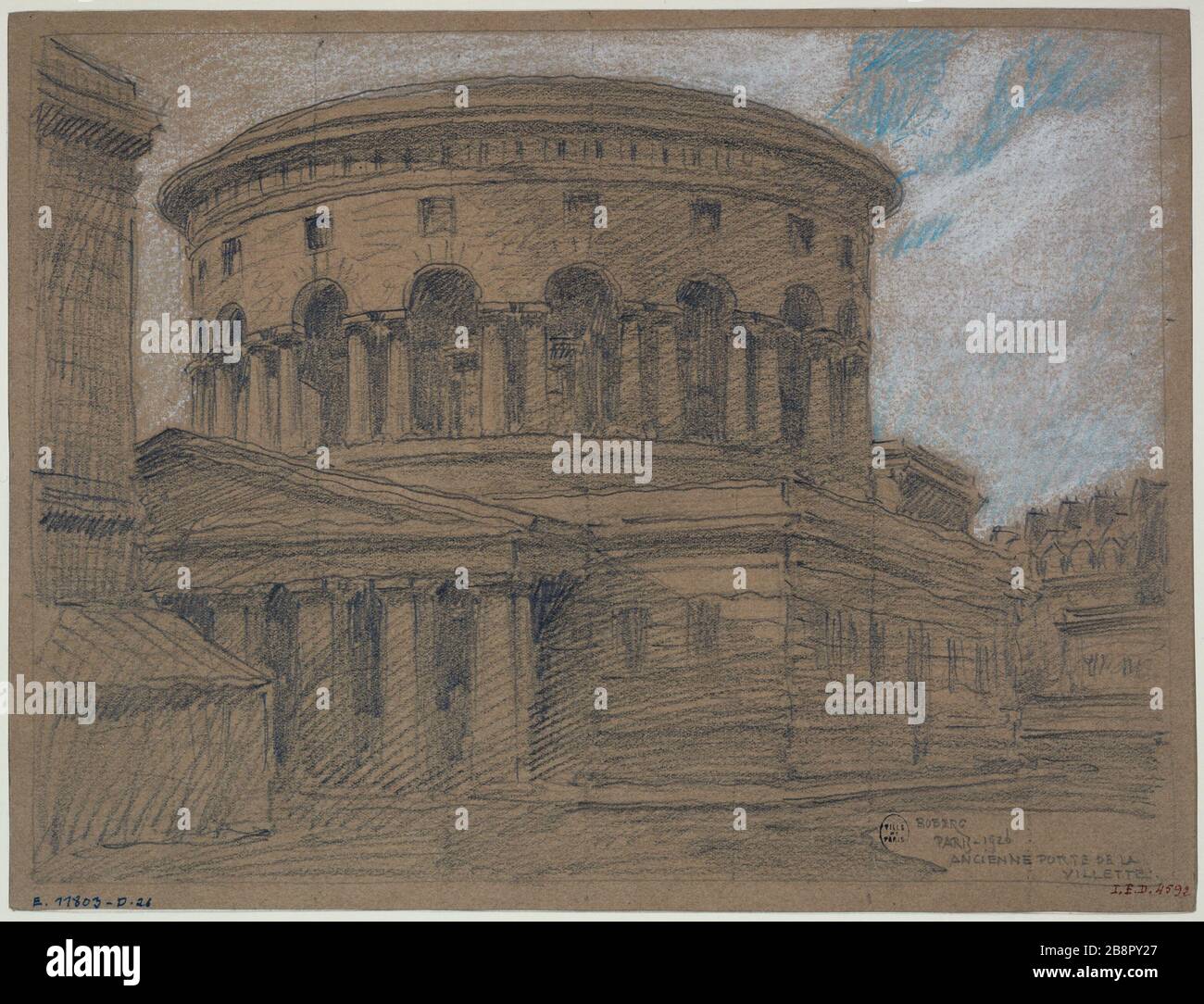 Rotonde de la Villette, 1926 Gustave Ferdinand Boberg (1860-1946), architecte suédois. Rotonde de la Villette. Crayon rehaussé de craie blanche, de crayon de couleur bleue. Paris (XIXème arr.), 1926. Paris, musée Carnavalet. Stockfoto