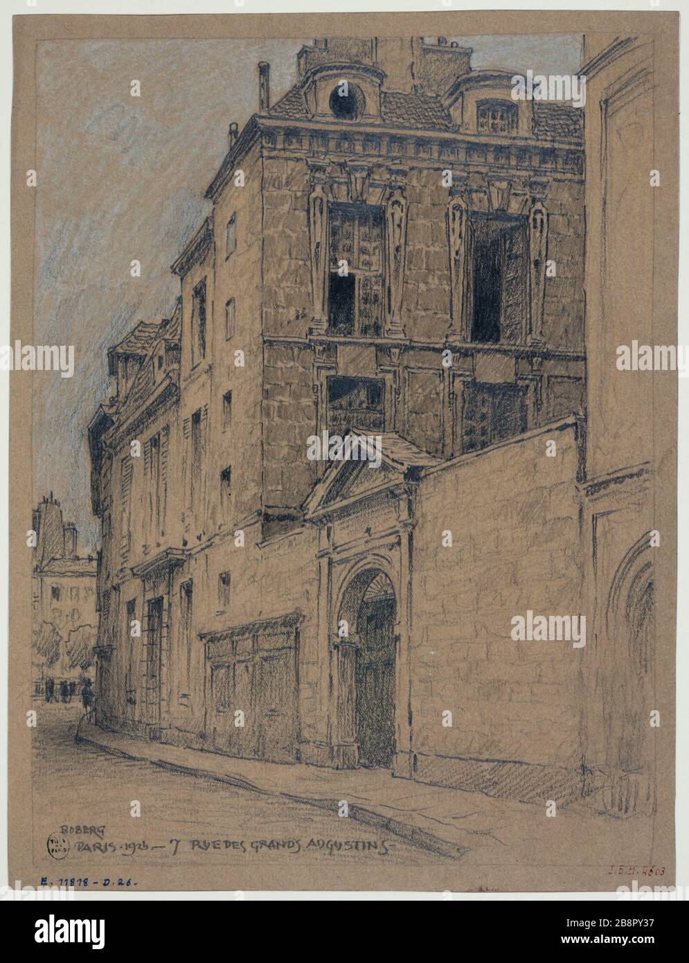 Haus, 7 rue des Grands-Augustins, 1926 Gustave Ferdinand Boberg (1860-1946), architecte suédois. Maison, 7 rue des Grands-Augustins. Crayon rehaut de craie blanche et de crayon de couleur bleue. Paris (VIème arr.), 1926. Paris, musée Carnavalet. Stockfoto