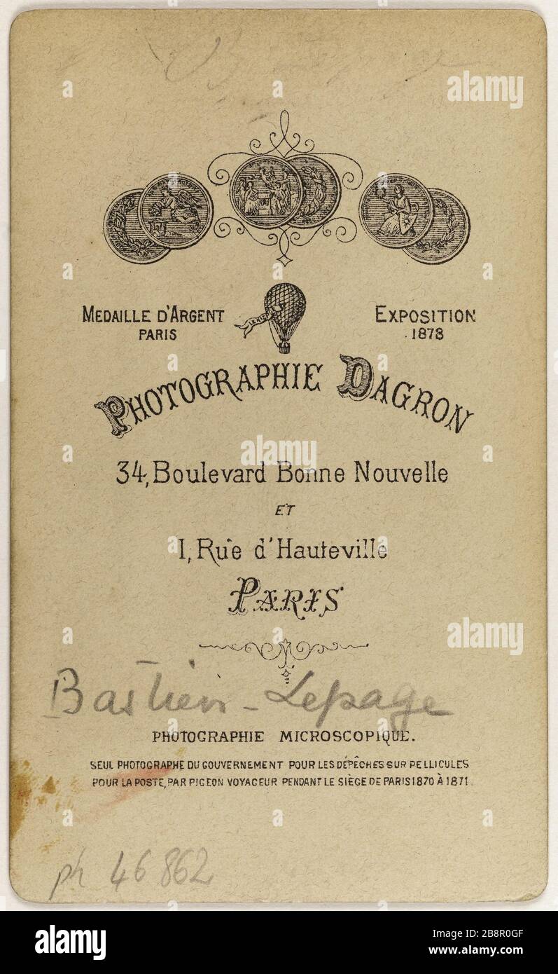 Porträt von Bastien-Lepage Jules (1848-1884) (Maler) umsichtiger René-Patrice Dagron. Portrait de Bastien-Lepage, Jules, (1848-1884), (peintre). Carte de visite (verso). Tirage sur Papier Albuminé. 1870-1890. Paris, musée Carnavalet. Stockfoto
