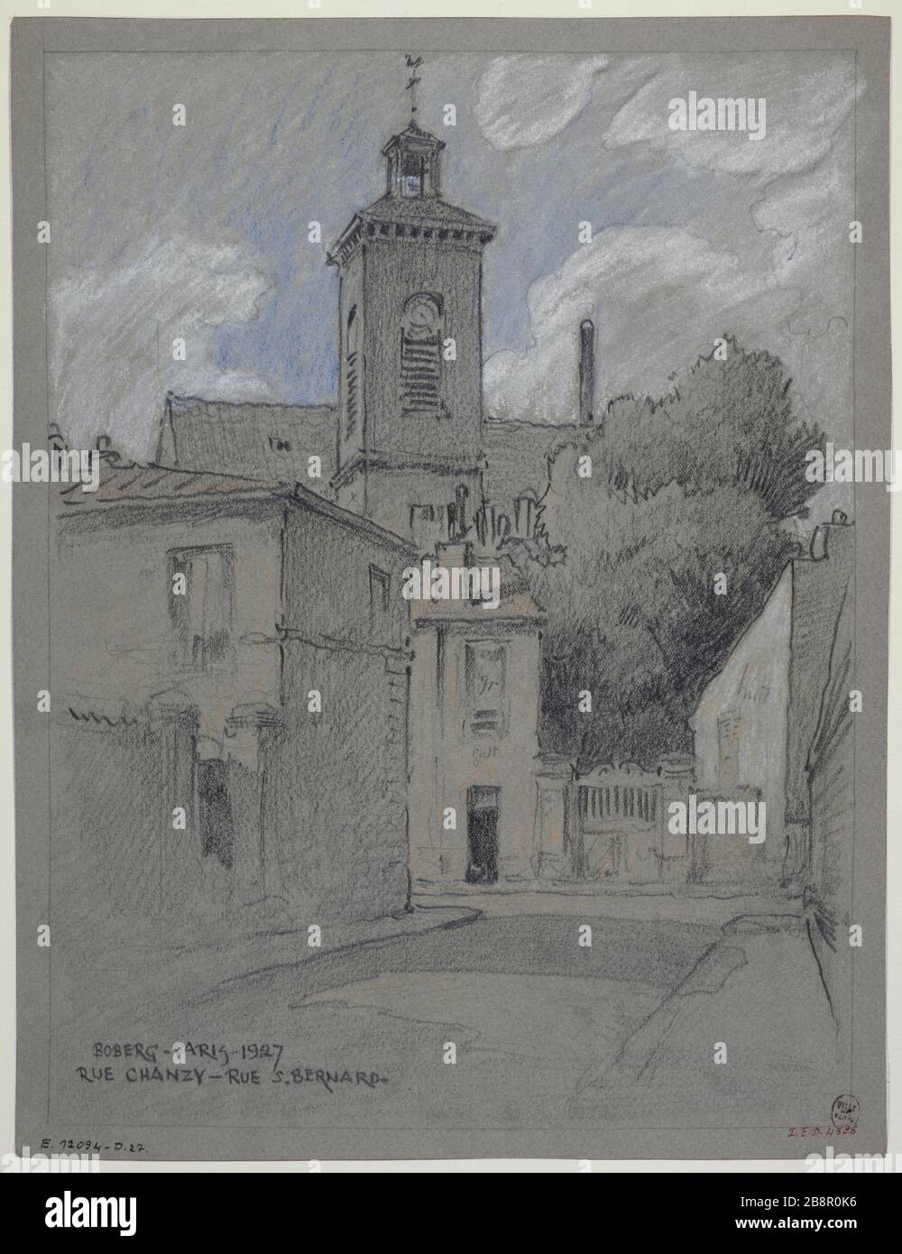 Rue Chanzy Street und St. Bernard, 1932 Gustave Ferdinand Boberg (1860-1946), architecte suédois. Rue Chanzy et rue Saint-Bernard. Crayon rehaut de blanc et crayon de couleur bleue. Paris (XIème arr.), 1927. Paris, musée Carnavalet. Stockfoto