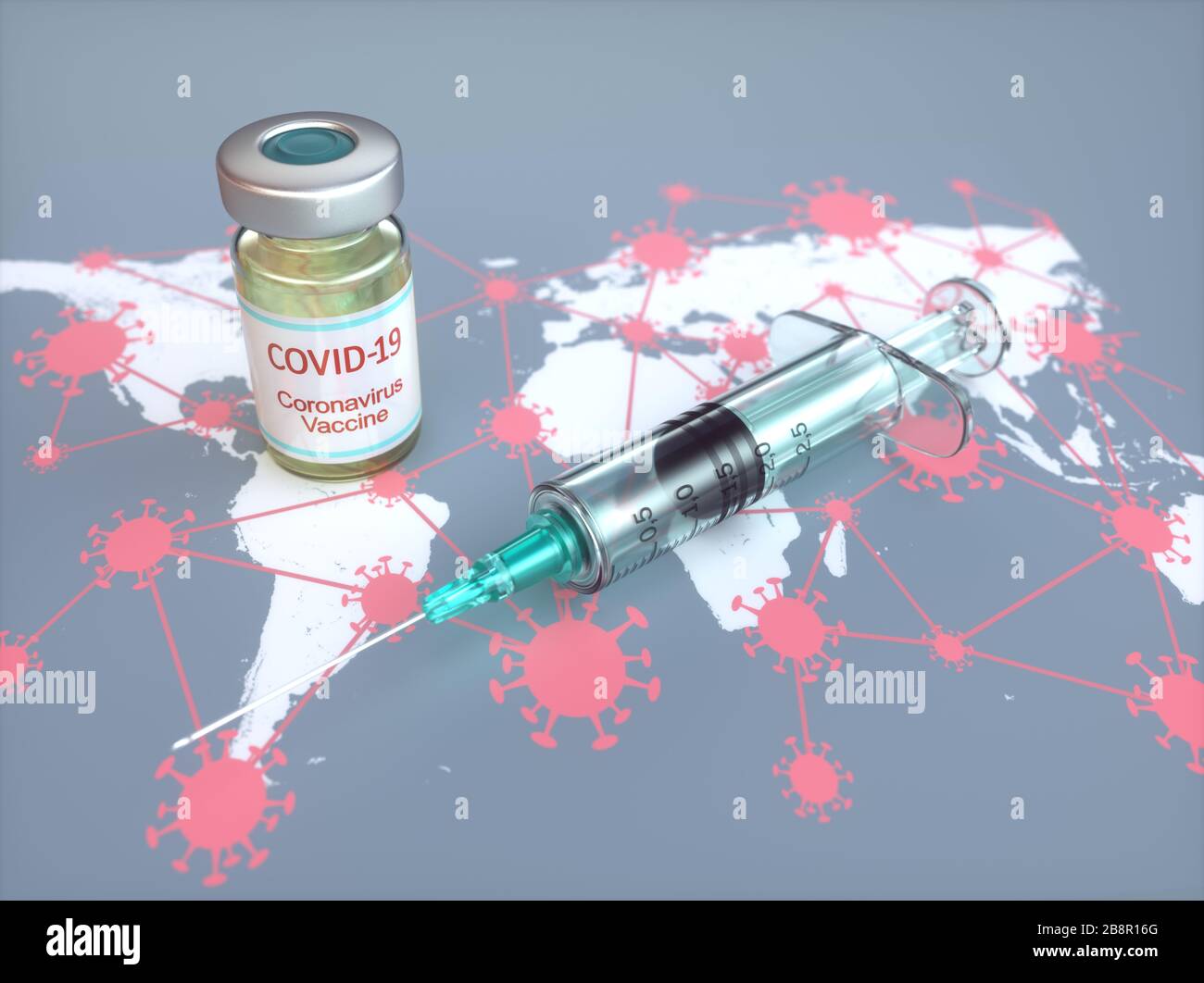 Konzeptionelles Bild für die Entdeckung eines Impfstoffs für die Covid-19, Coronavirus, 2019-nCoV, SARS-COV-2. 3D-Abbildung. Stockfoto