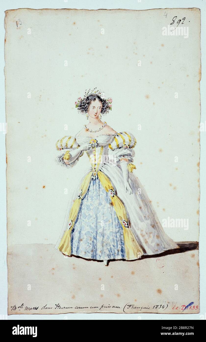 KOSTÜMMISSMARSCH IN "HAPPY LIKE A PRINCESS" (FRANZÖSISCHES THEATER 1834) BODIN. "Costüm de Mademoiselle Mars dans 'Heureuse comme une princesse' (théâtre Français 1834)". Aquarelle. Paris, musée Carnavalet. Stockfoto