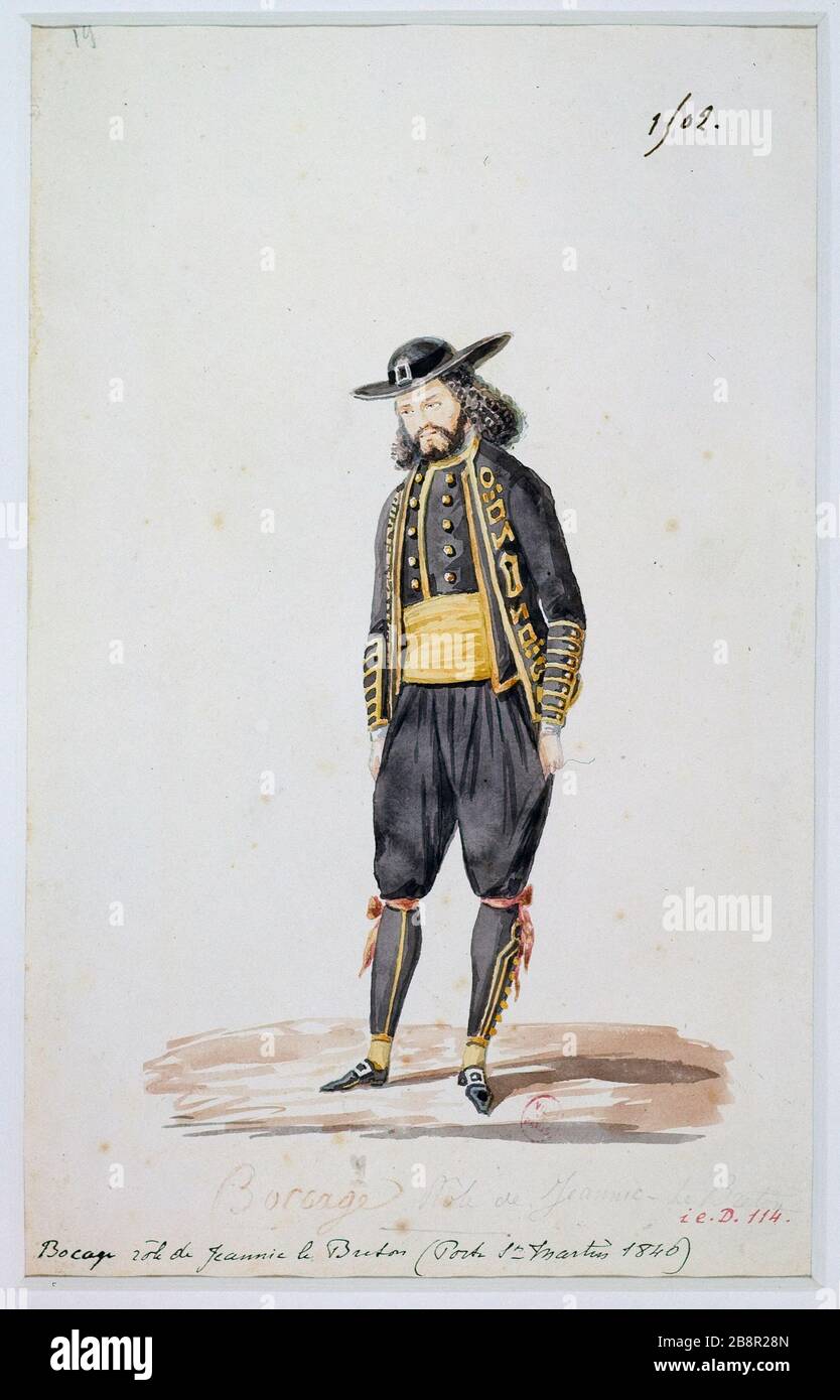 PORTRÄT DES SCHAUSPIELERS BOCAGE IN DER ROLLE DER JEANNIE LE BRETON (HALTER ST MARTIN AUS DEM JAHR 1846) BODIN. "Portrait de l'acteur Bocage dans le rôle de Jeannie le Breton (porte St Martin 1846)". Aquarelle. Paris, musée Carnavalet. Stockfoto