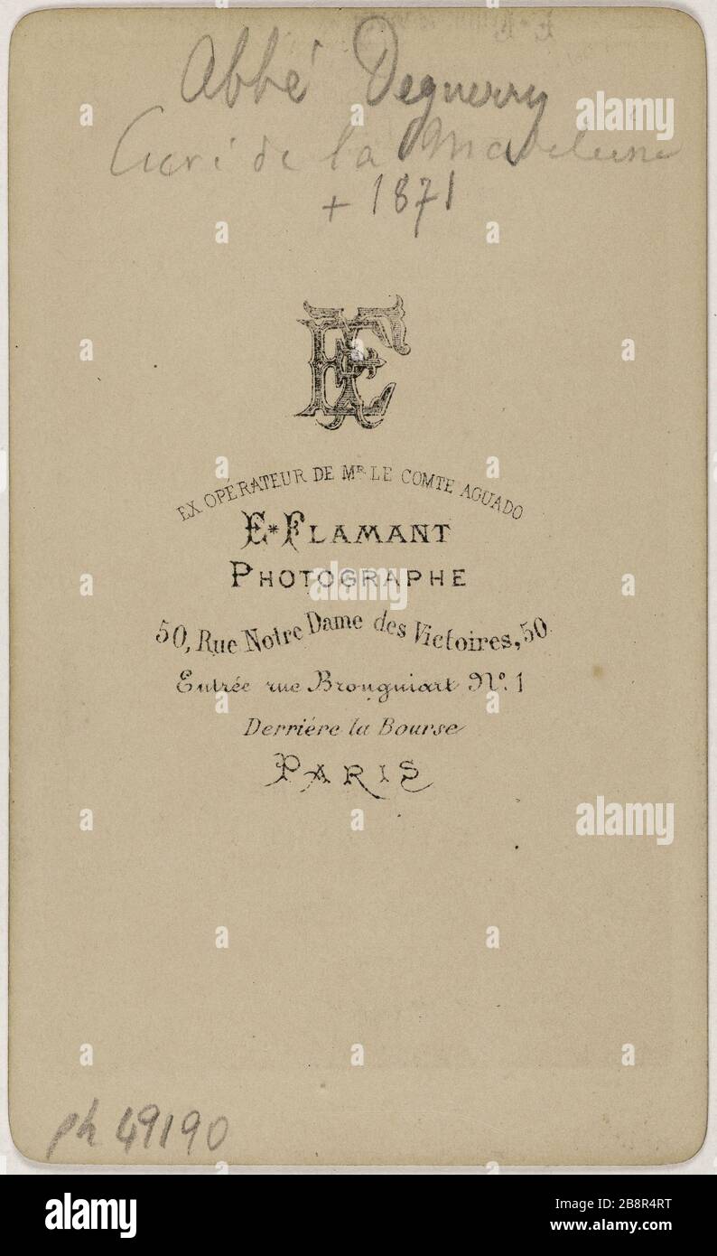 Porträt von Pater Jean Gaspard Degurry (1791-1871), (Priester der Madeleine) Portrait de l'Abbé Jean Gaspard Deguerry (1791-1871), curé de la Madeleine. Carte de visite (verso). Tirage sur Papier Albuminé. 1871. Photographie d'Emmanuel Flamant. Paris, musée Carnavalet. Stockfoto