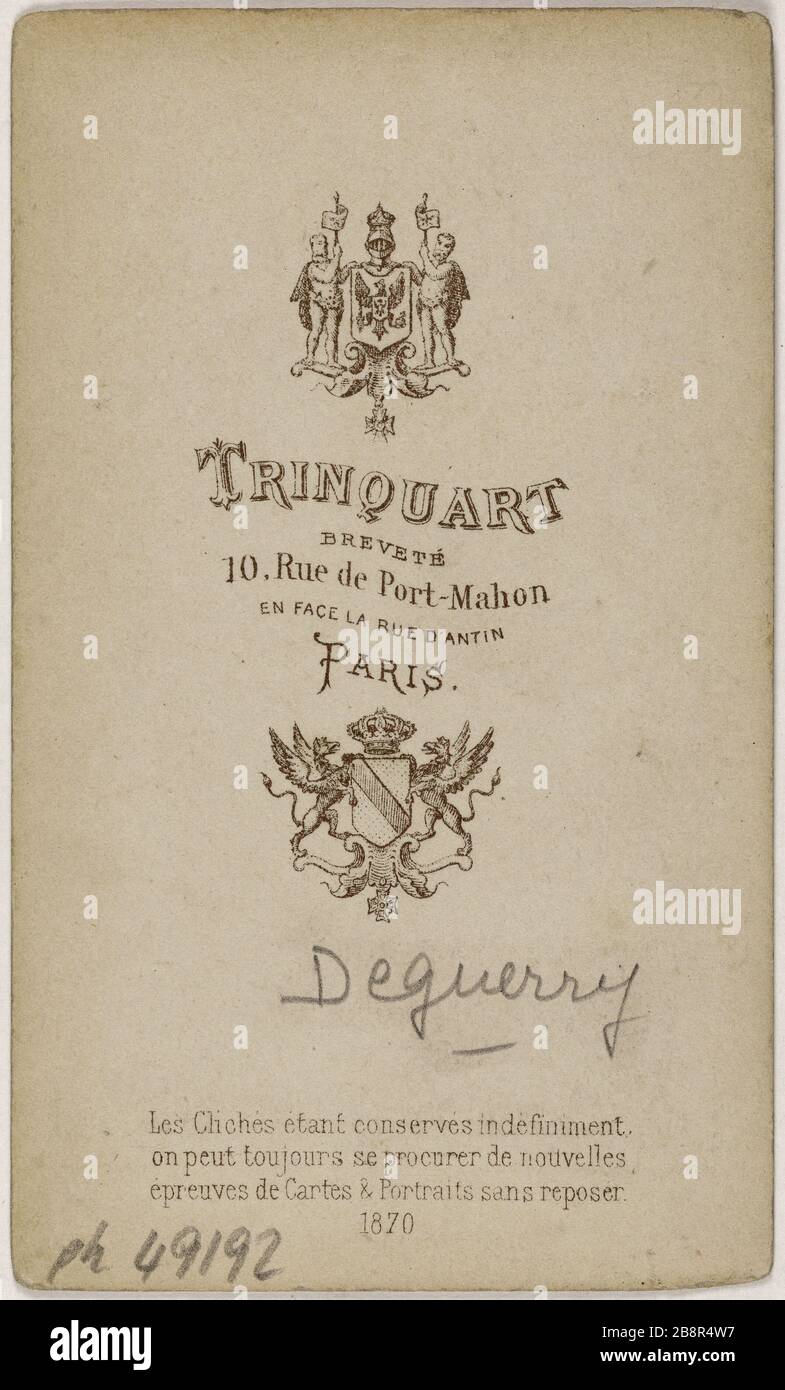 Porträt von Pater Jean Gaspard Degurry (1791-1871), (Priester der Madeleine) Portrait de l'Abbé Jean Gaspard Deguerry (1791-1871), curé de la Madeleine. Carte de visite (verso). Tirage sur Papier Albuminé. 1871. Photographie d'Antoine René Trinquart (actif de 1859 à 1875). Paris, musée Carnavalet. Stockfoto