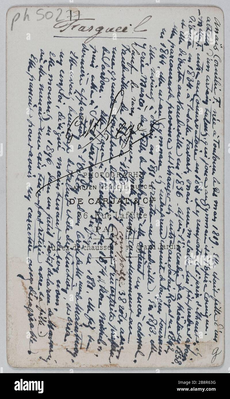 Porträt von Fargueil Anais (1819-1896), (Schauspielerin) Georges Mathurin Legé. Portrait d'Anaïs Fargueil (1819-1896), actrice. Carte de visite (verso). Tirage sur Papier Albuminé. 1870-1890. Paris, musée Carnavalet. Stockfoto