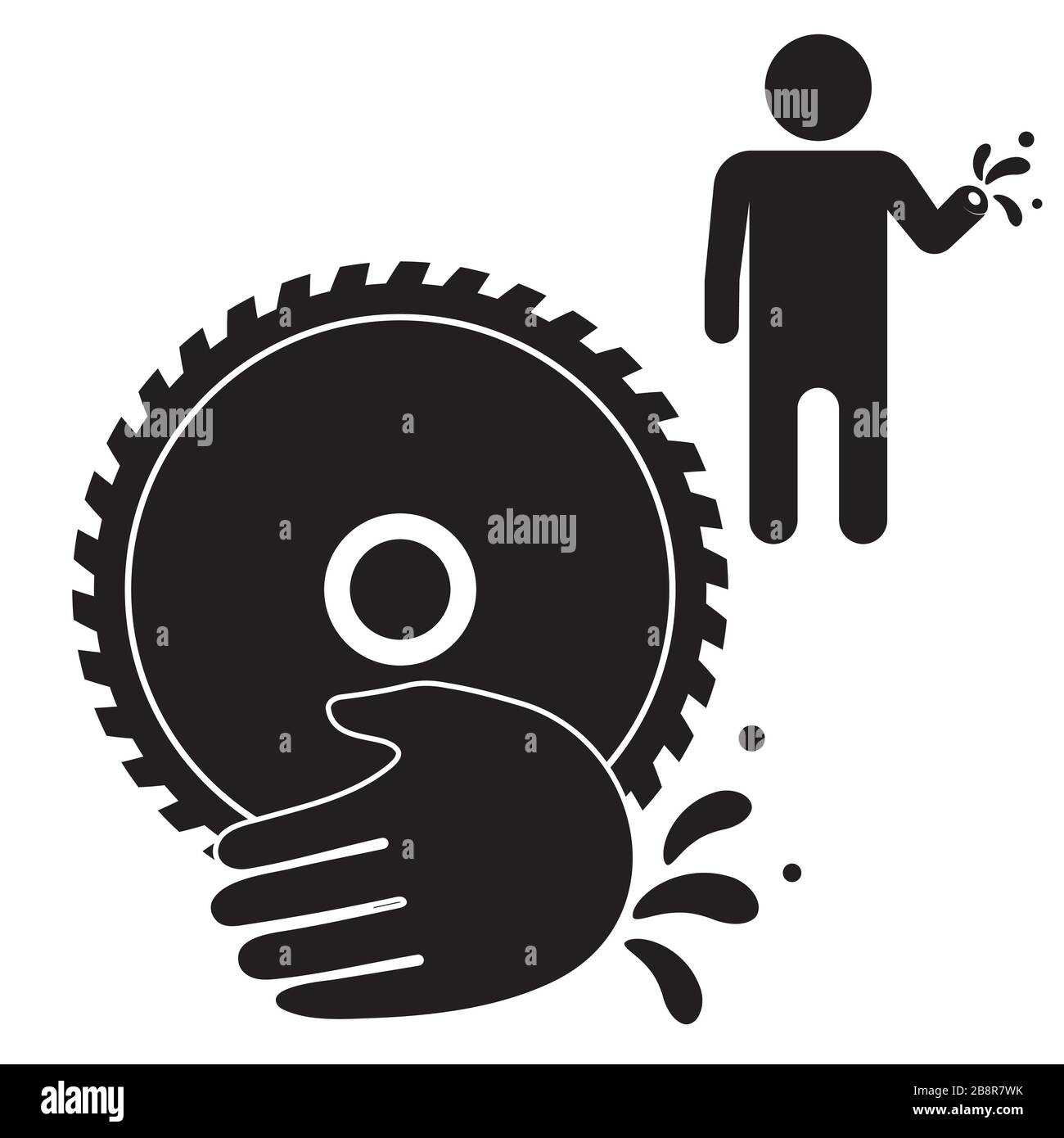 Symbol schwarze Silhouette kreisförmige Säge und Handverletzung auf einem weiß isolierten Hintergrund. Vektorbild Stock Vektor