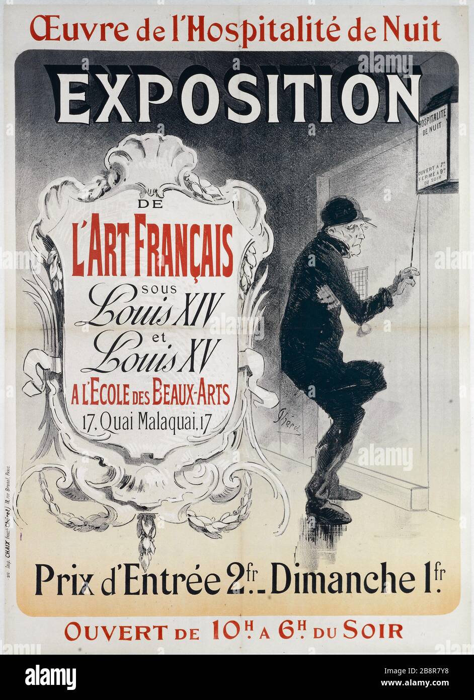 BESUCHEN SIE DIE GASTFREUNDSCHAFT-SHOW, KUNST UNTER DEN FRANZOSEN LOUIS XV UND LOUIS XV, SCHULE DER SCHÖNEN KÜNSTE, 17, DOCK MALAQUAIS, JULES CHERET. Imprimerie Chaix. "Oeuvre de l'hospitalité de Nuit, Exposition de l'Art Français sous Louis XV et Louis XV, à l'Ecole des Beaux-Arts, 17, Quai Malaquais". Affiche. Lithographie couleur, entre 1885 et 1888. Paris, musée Carnavalet. Stockfoto