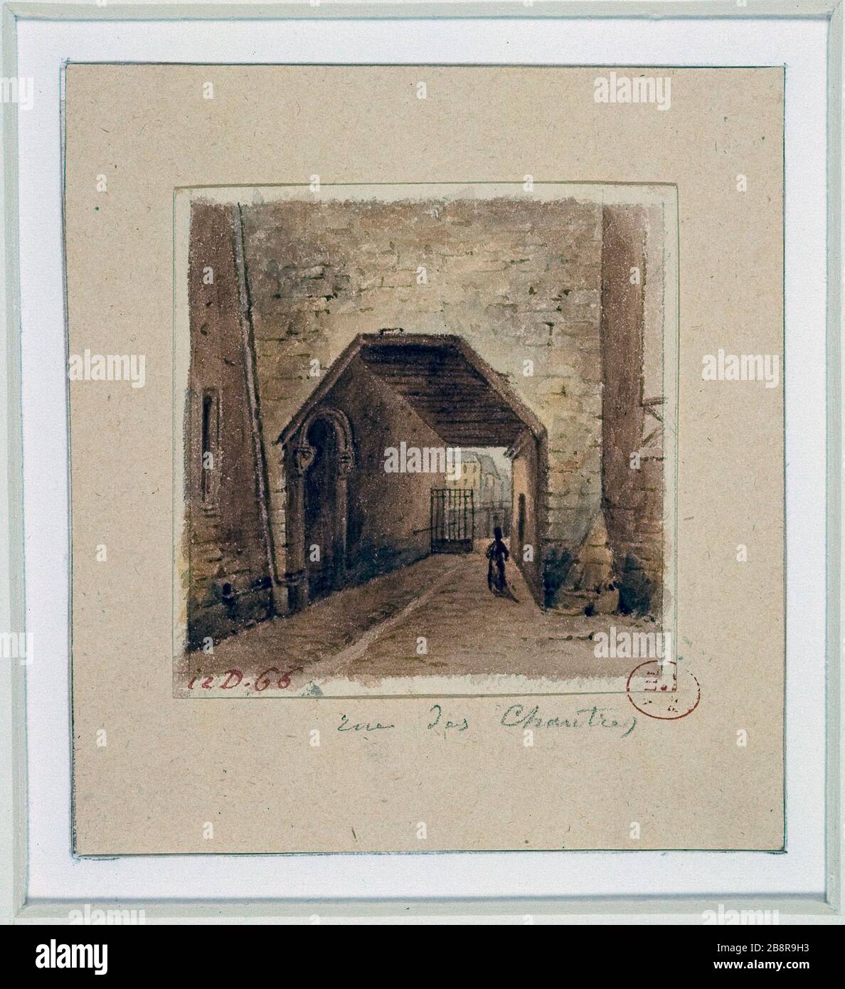 Straßensänger, zwischen der Dock- und Blumen-Chanoinesse-Straße, Auguste-Sébastien Bénard (1810-1873). "Rue des Chantres, entre le quai aux fleurs et la rue Chanoinesse". Lavis de Couleur, 1837. Paris, musée Carnavalet. Stockfoto