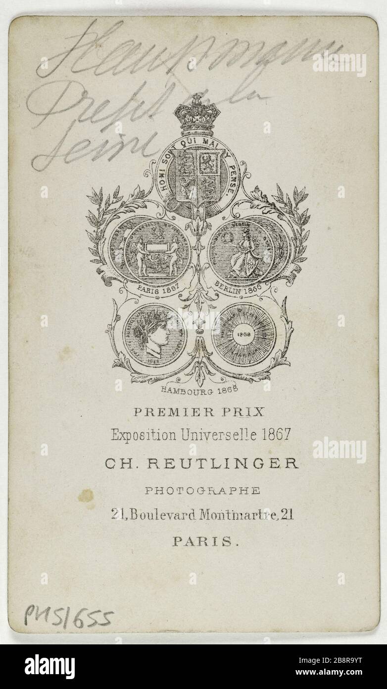 Porträt des Barons Haussmann (Georges Eugène), (1809-1891), des Direktors und Politikers Portrait du baron Haussmann (Georges, Eugène), (1809-1891), des Administrateurs et homme politique. Carte de visite (verso).tirage sur Papier albuminé. Entre 1860-1890. Photographie de Charles Reutlinger (1816-1880). Paris, musée Carnavalet. Stockfoto